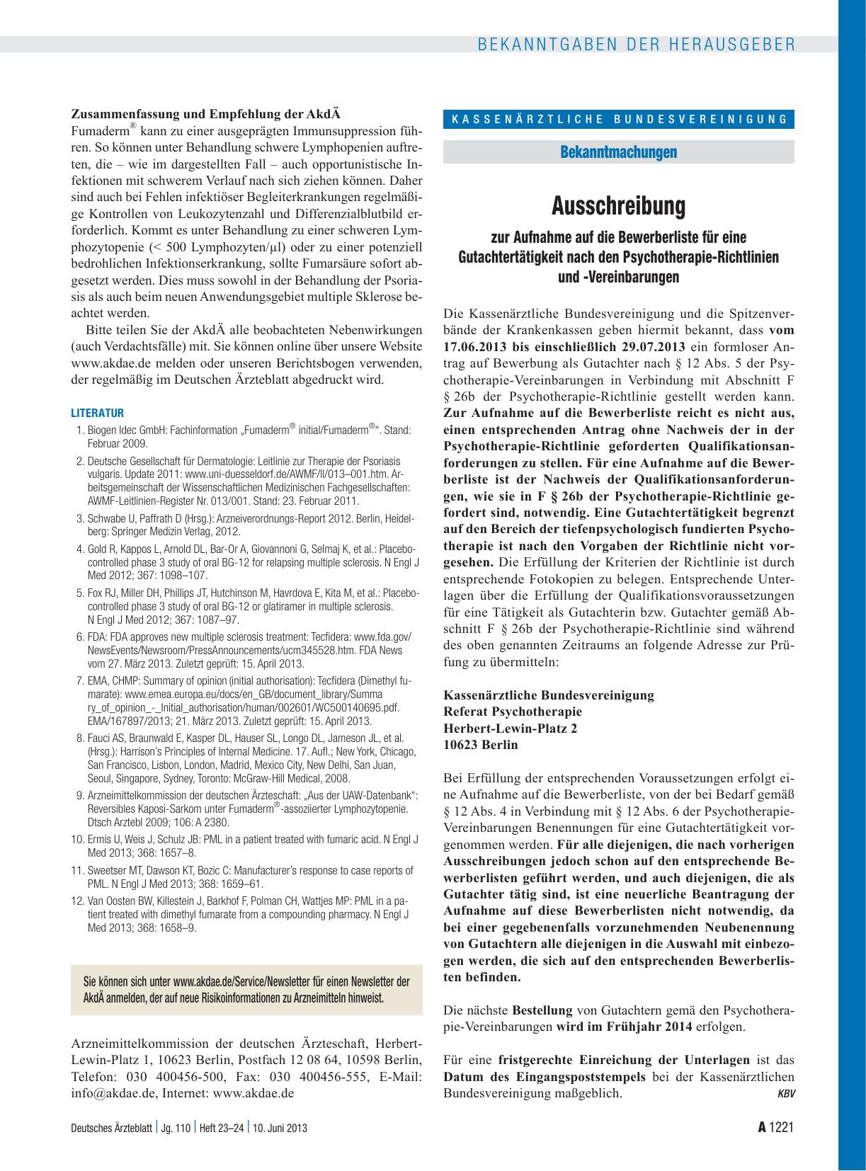 Vorschauseite 1: Ausschreibung zur Aufnahme auf die Bewerberliste für eine Gutachtertätigkeit nach den Psychotherapie-Richtlinien und -Vereinbarungen