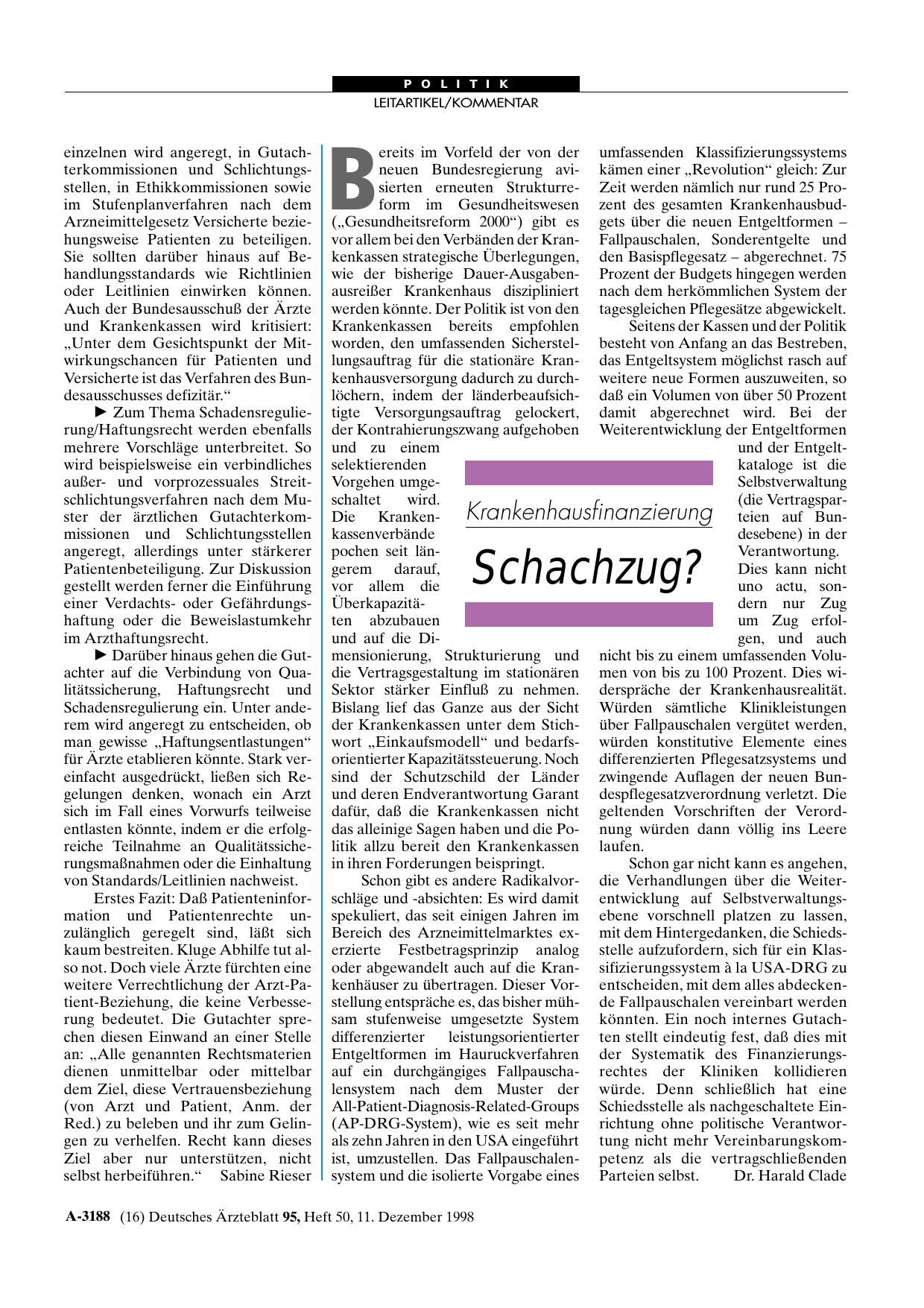Vorschauseite 1: Krankenhausfinanzierung: Schachzug?