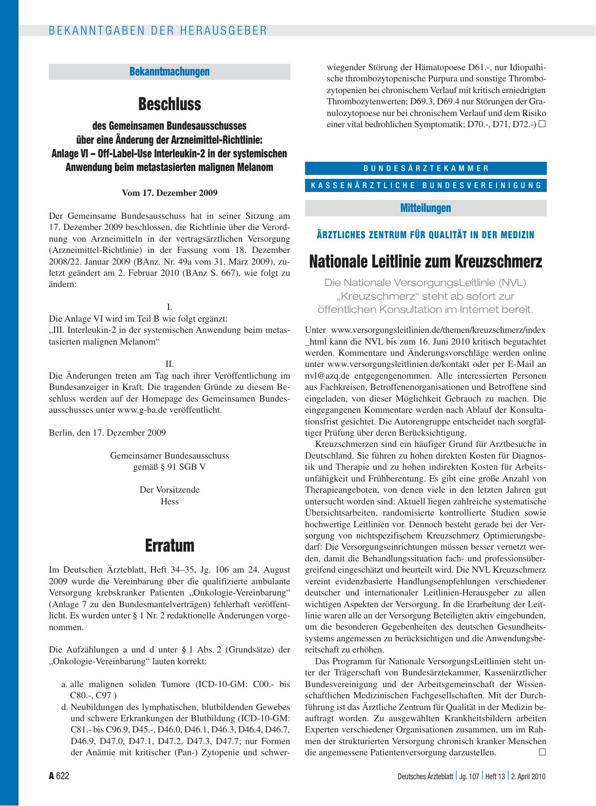 Vorschauseite 1: Beschluss des Gemeinsamen Bundesausschusses über eine Änderung der Arzneimittel-Richtlinie: Anlage VI – Off-Label-Use Interleukin-2 in der systemischen Anwendung beim metastasiert…