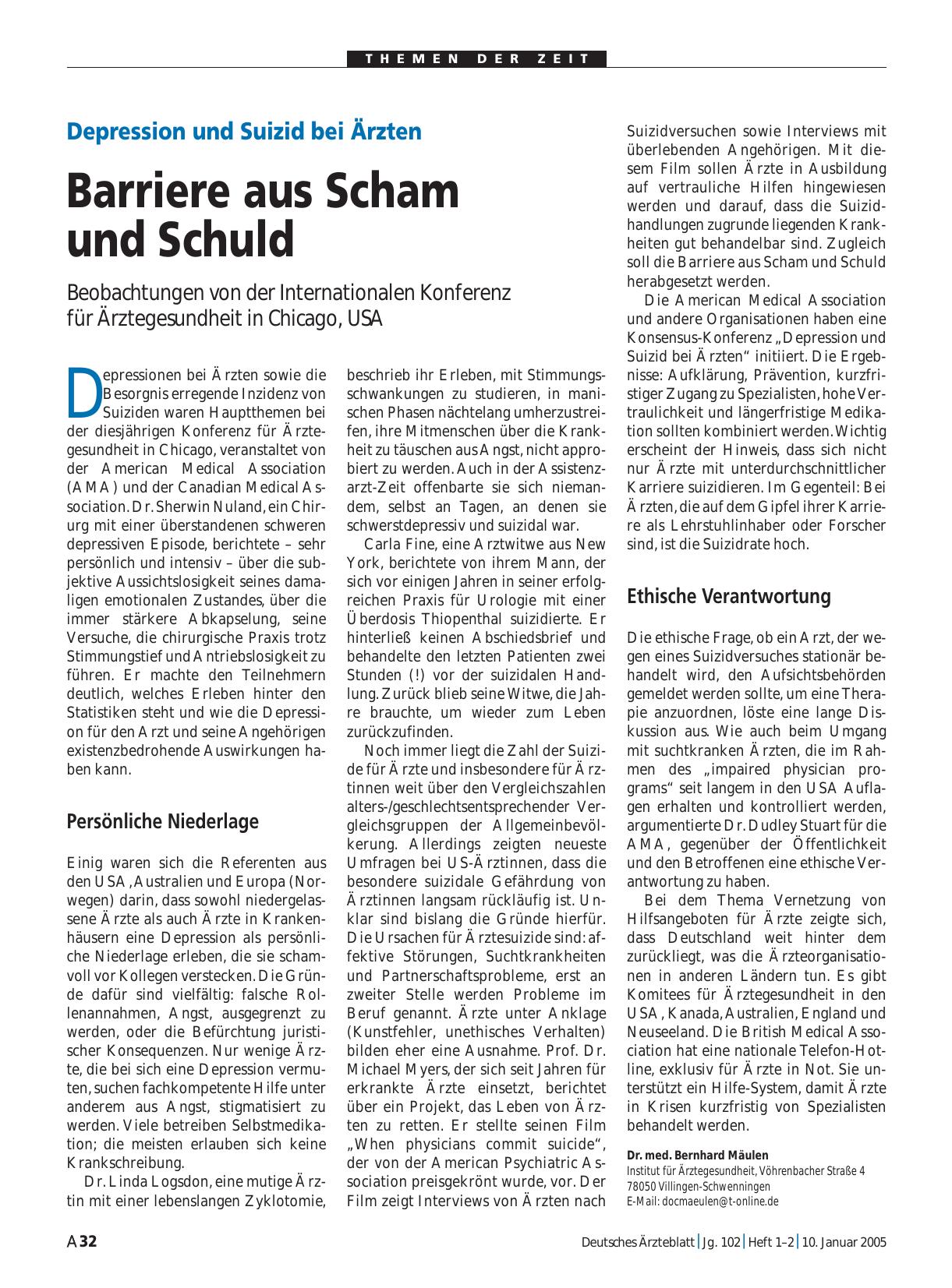 Vorschauseite 1: Depression und Suizid bei Ärzten: Barriere aus Scham und Schuld