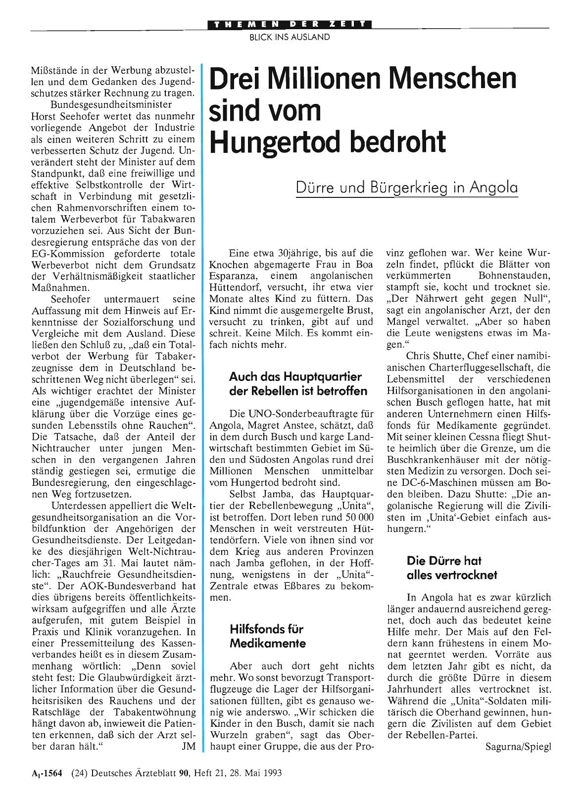 Vorschauseite 1: Drei Millionen Menschen sind vom Hungertod bedroht