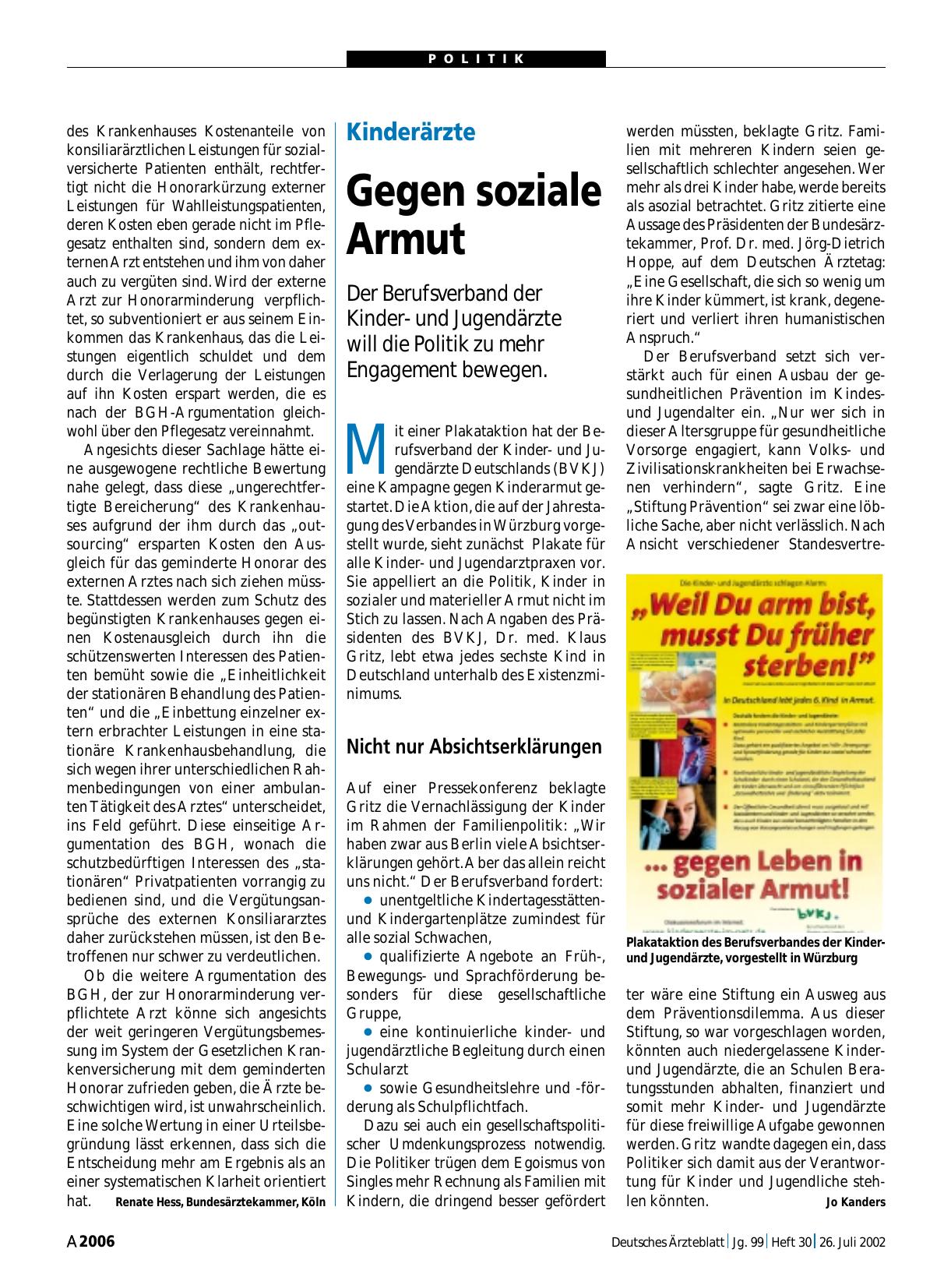 Vorschauseite 1: Kinderärzte: Gegen soziale Armut