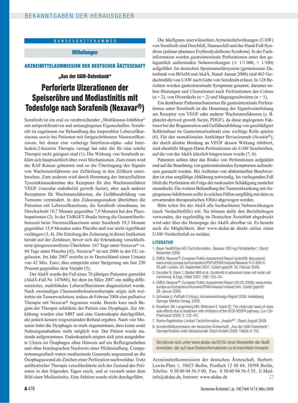 Vorschauseite 1: Mitteilungen - Arzneimittelkommission der deutschen Ärzteschaft: „Aus der UAW-Datenbank“ Perforierte Ulzerationen der Speiseröhre und Mediastinitis mit Todesfolge nach Sorafenib (…