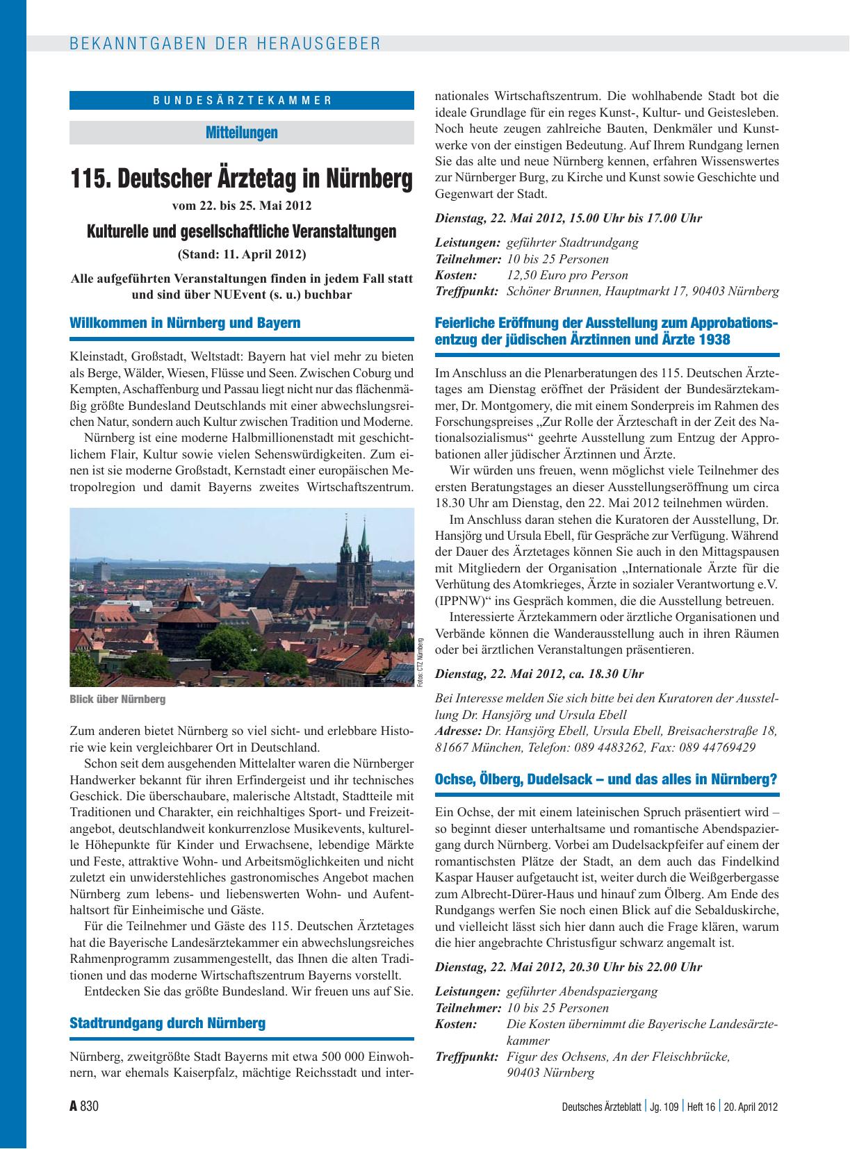 Vorschauseite 1: 115. Deutscher Ärztetag in Nürnberg: Kulturelle und gesellschaftliche Veranstaltungen