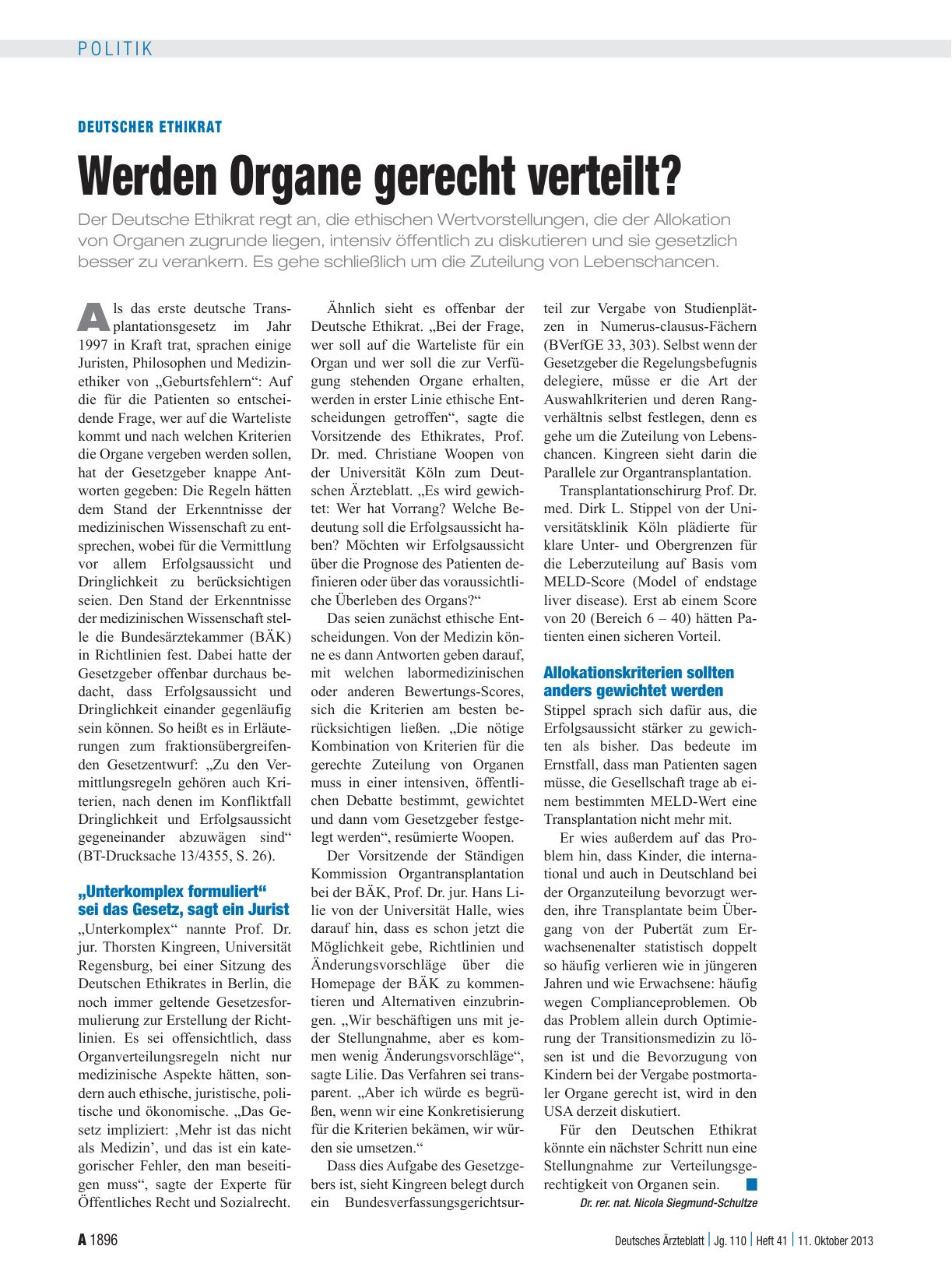 Vorschauseite 1: Deutscher Ethikrat: Werden Organe gerecht verteilt?