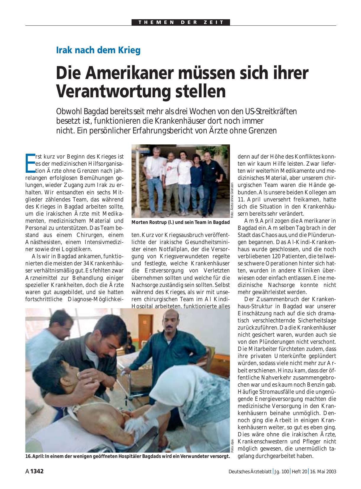 Vorschauseite 1: Irak nach dem Krieg: Die Amerikaner müssen sich ihrer Verantwortung stellen