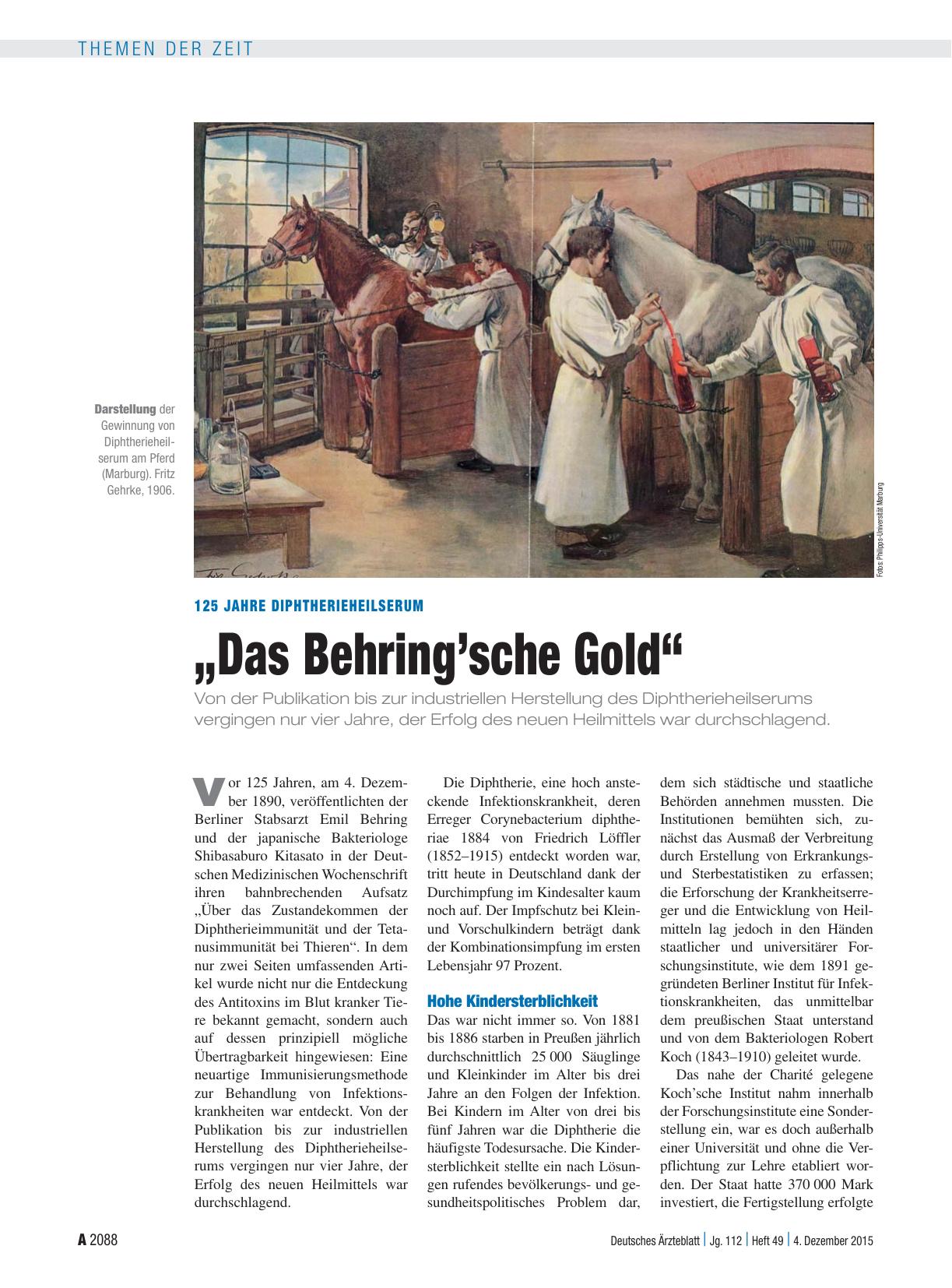 Vorschauseite 1: 125 Jahre Diphtherieheilserum: „Das Behring’sche Gold“