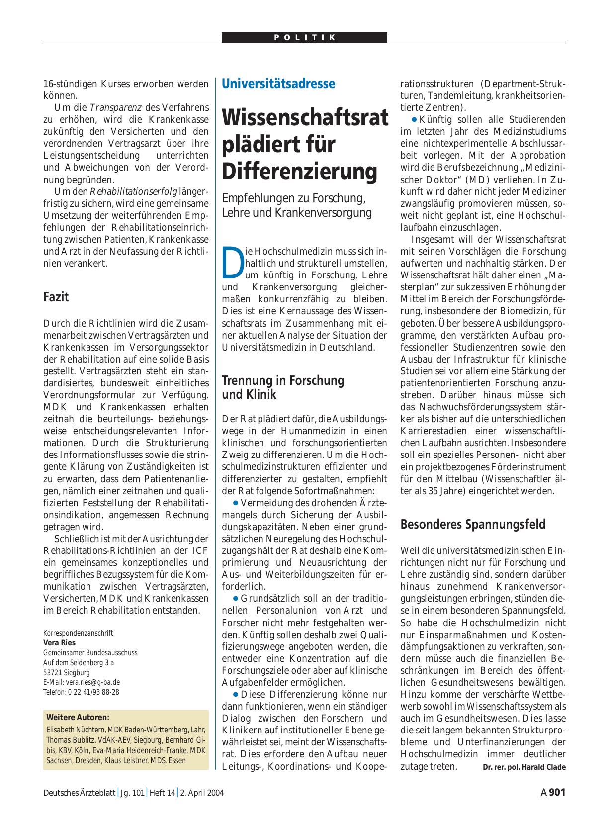Vorschauseite 1: Universitätsadresse: Wissenschaftsrat plädiert für Differenzierung