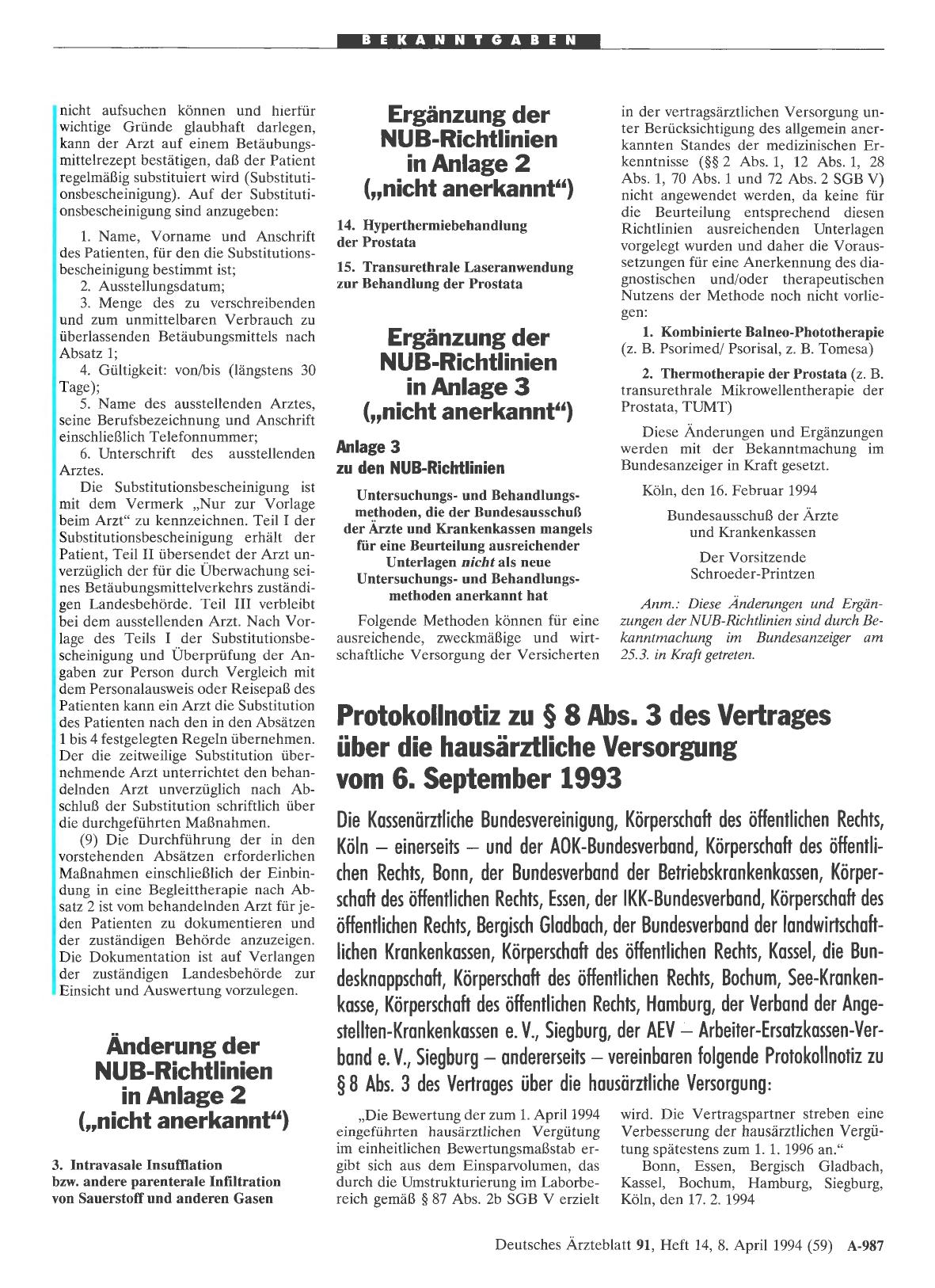 Vorschauseite 1: Protokollnotiz zu § 8 Abs. 3 des Vertrages über die hausärztliche Versorgung vom 6. September 1993