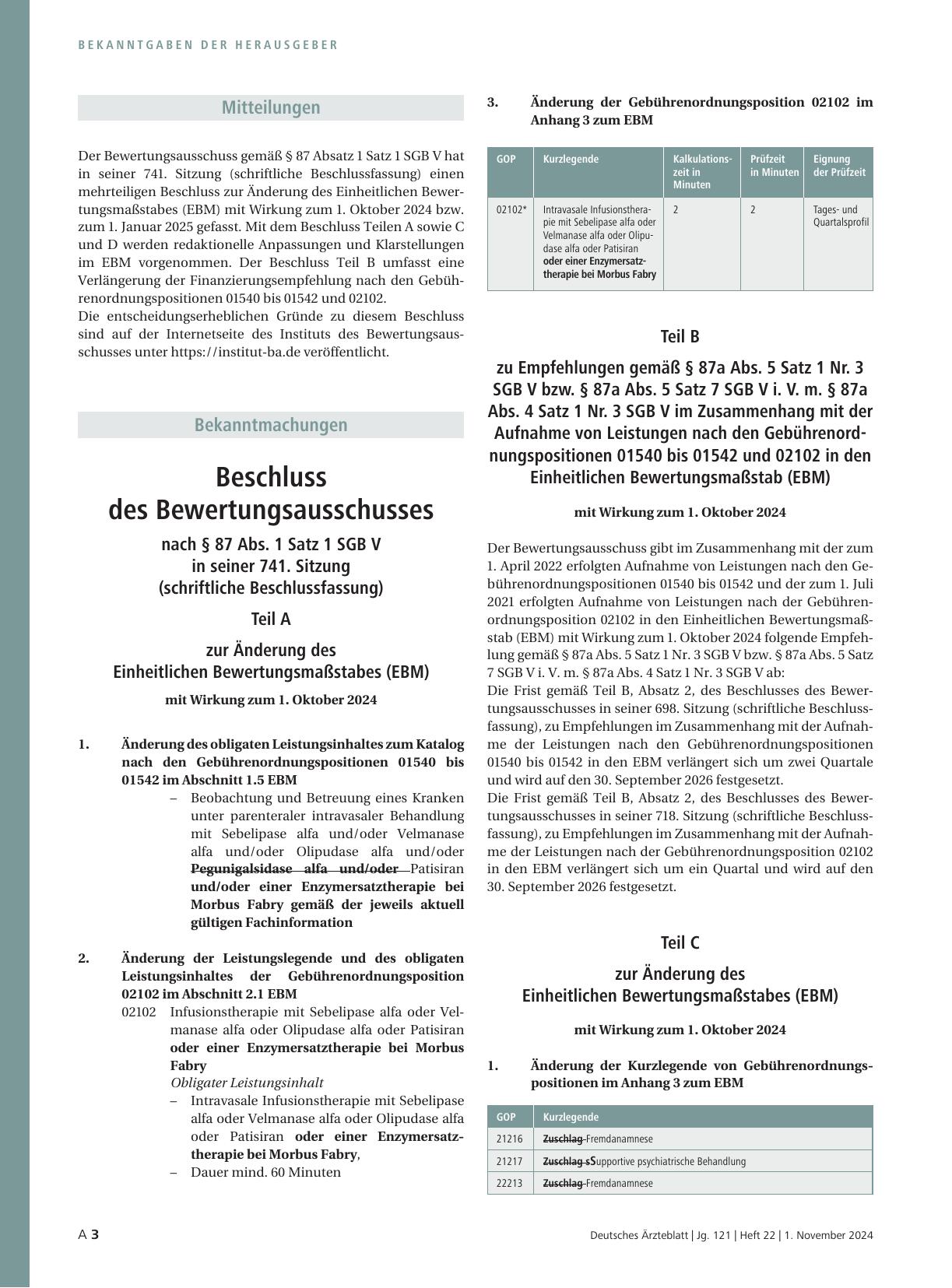Vorschauseite 1: Beschluss des Bewertungsausschusses nach § 87 Abs. 1 Satz 1 SGB V in seiner 741. Sitzung (schriftliche Beschlussfassung)