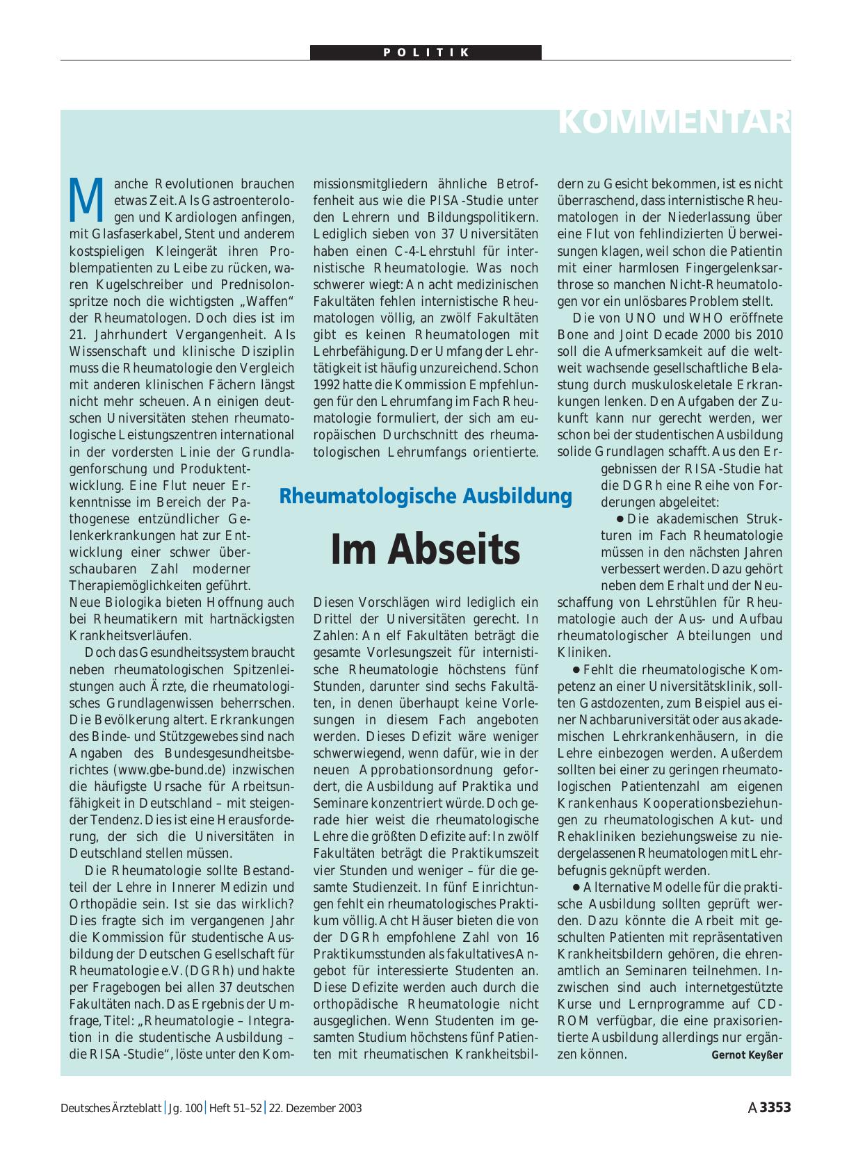 Vorschauseite 1: Rheumatologische Ausbildung: Im Abseits