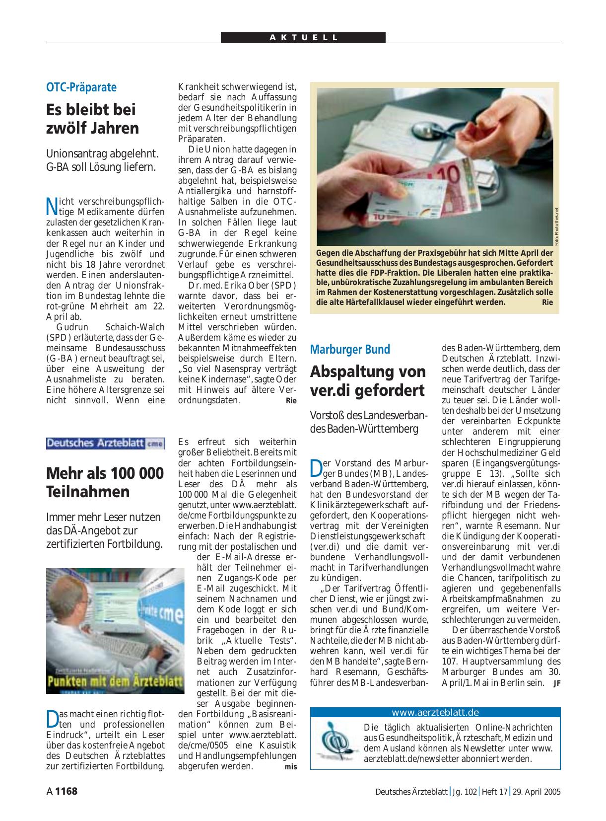 Vorschauseite 1: Gesundheitsausschuss des Bundestags gegen die Abschaffung der Praxisgebühr