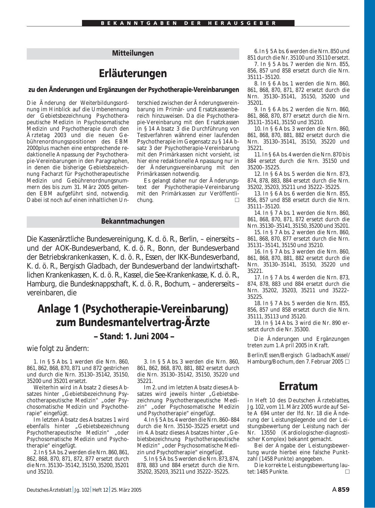 Vorschauseite 1: Bekanntmachungen – Änderung Anlage 1 (Psychotherapie-Vereinbarung) zum Bundesmantelvertrag-Ärzte – Stand: 1. Juni 2004 –