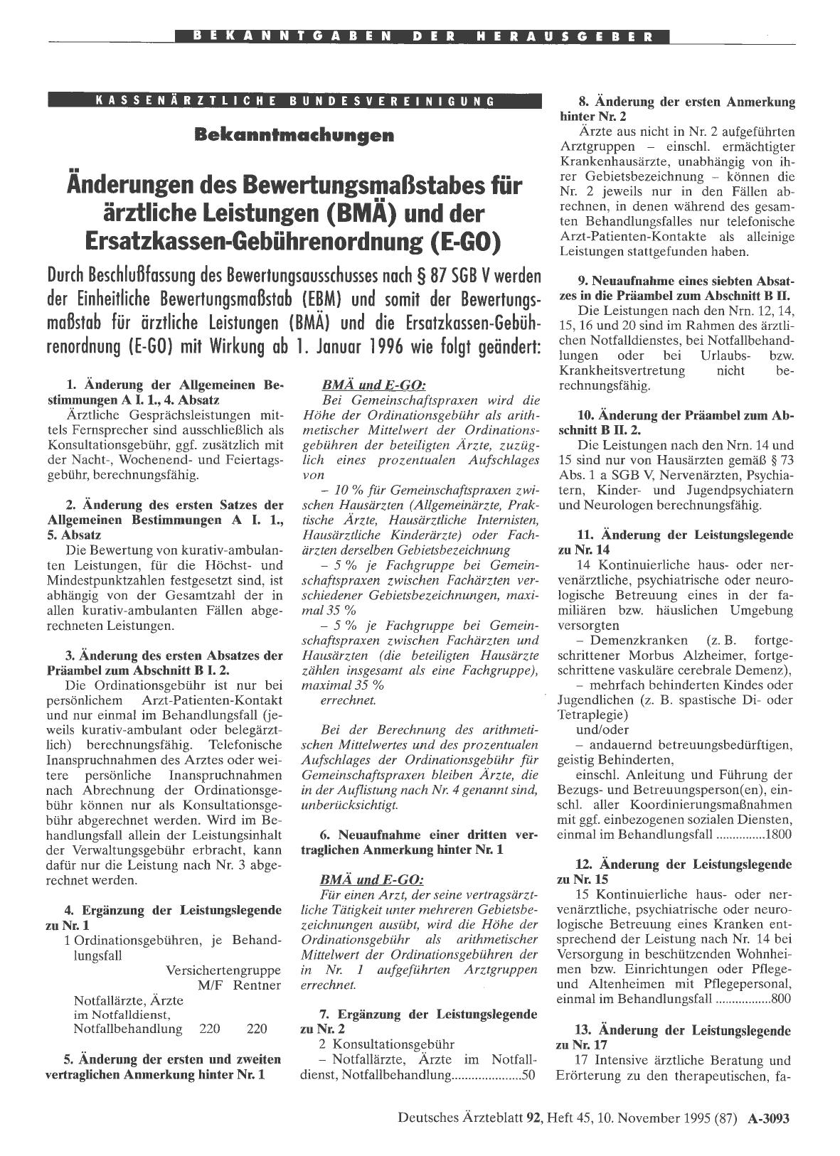 Vorschauseite 1: Bekanntmachungen: Änderungen des Bewertungsmaßstabes für ärztliche Leistungen (BMÄ) und der Ersatzkassen-Gebührenordnung (E-GO)