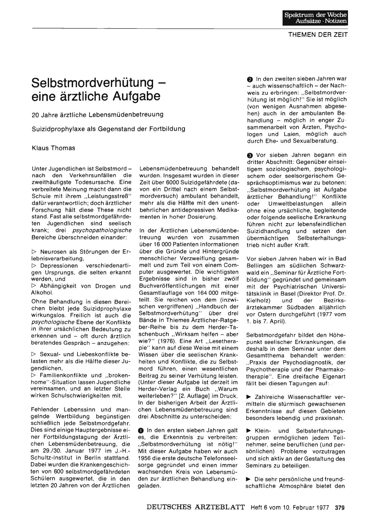Vorschauseite 1: Selbstmordverhütung — eine ärztliche Aufgabe