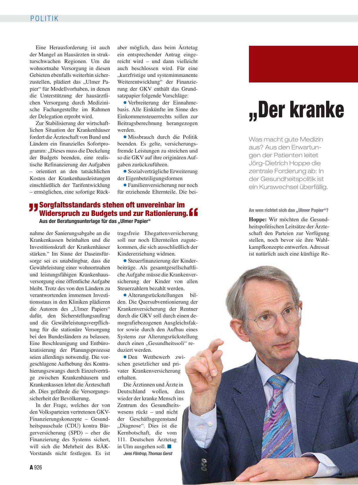 Vorschauseite 1: „Der kranke Mensch muss im Mittelpunkt stehen“ – Prof. Dr. med. Dr. h. c. Jörg-Dietrich Hoppe über die Gesundheitspolitischen Leitsätze