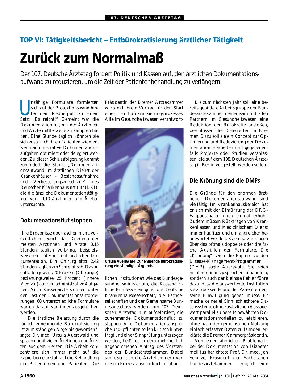 Vorschauseite 1: TOP VI: Tätigkeitsbericht – Entbürokratisierung ärztlicher Tätigkeit: Zurück zum Normalmaß