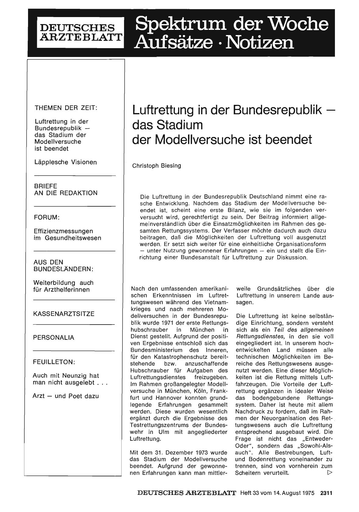 Vorschauseite 1: Luftrettung in der Bundesrepublik — das Stadium der Modellversuche ist beendet