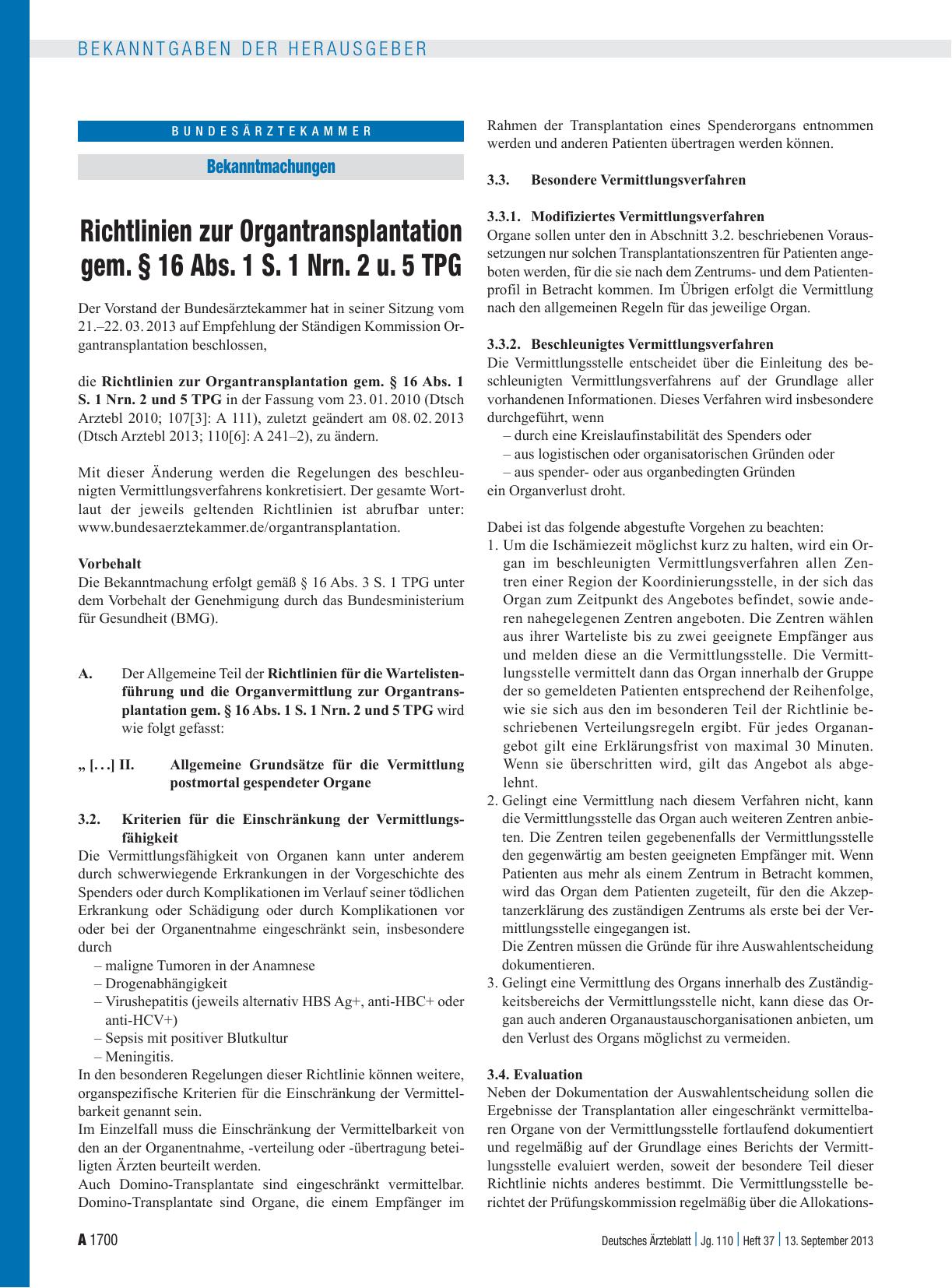 Vorschauseite 1: Richtlinien zur Organtransplantation gem. § 16 Abs. 1 S. 1 Nrn. 2 u. 5 TPG