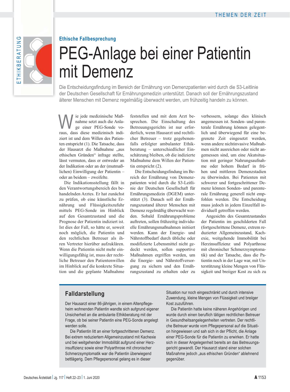 Vorschauseite 1: Ethische Fallbesprechung: PEG-Anlage bei einer Patientin mit Demenz
