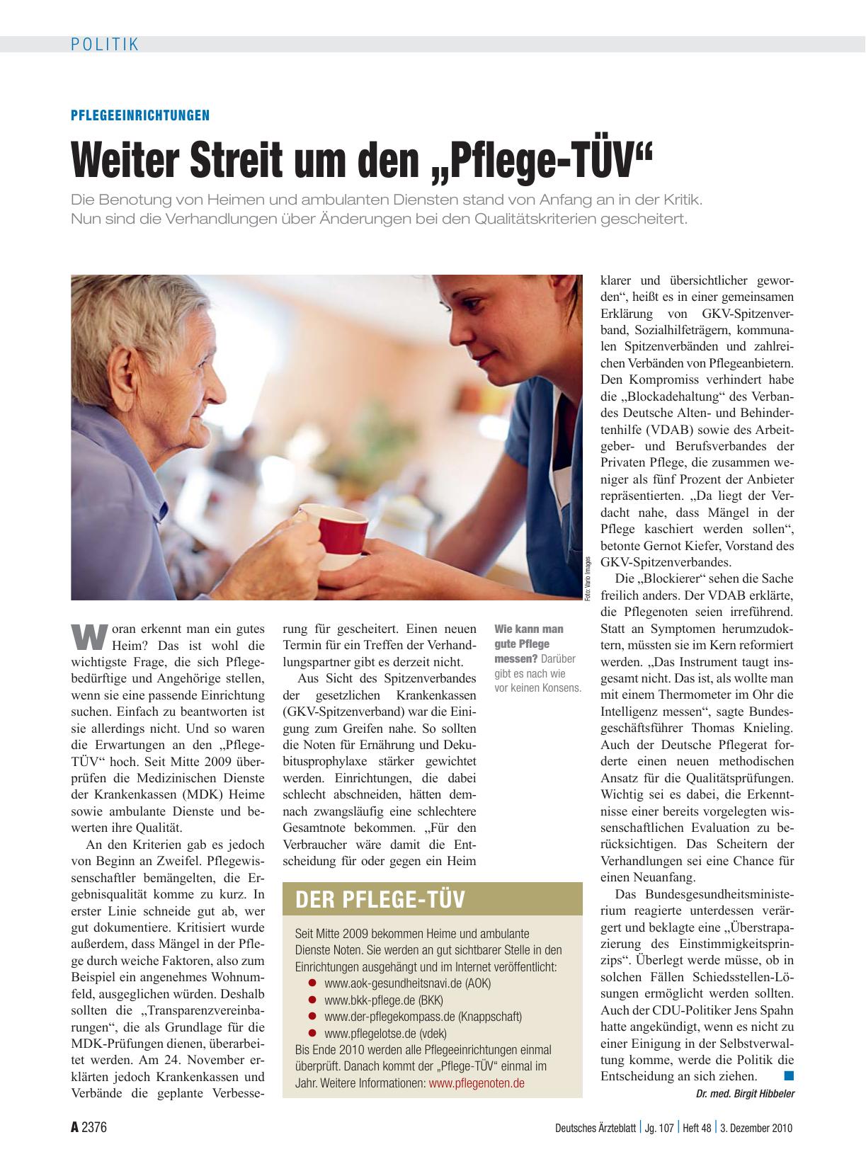 Vorschauseite 1: Pflegeeinrichtungen: Weiter Streit um den „Pflege-TÜV“