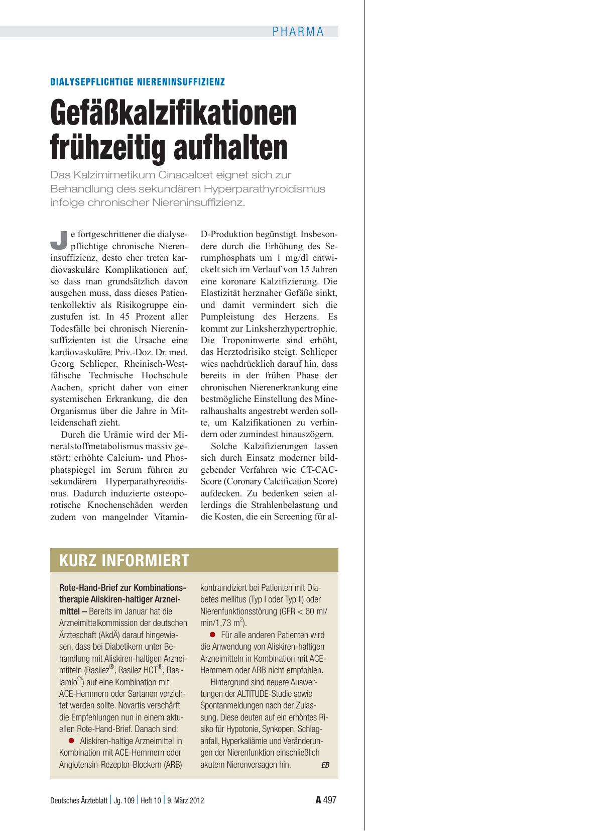 Vorschauseite 1: Dialysepflichtige Niereninsuffizienz: Gefäßkalzifikationen frühzeitig aufhalten
