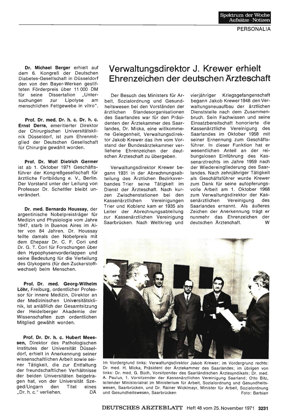 Vorschauseite 1: Dr. Michael Berger / Prof. Dr. Dr. Ernst Derra / Prof. Dr. Wolf Dietrich Germer / Dr. Bernardo Houssay / Prof. Dr. Georg-Wilhelm Löhr / Prof. Dr. Dr. Hubert Meessen