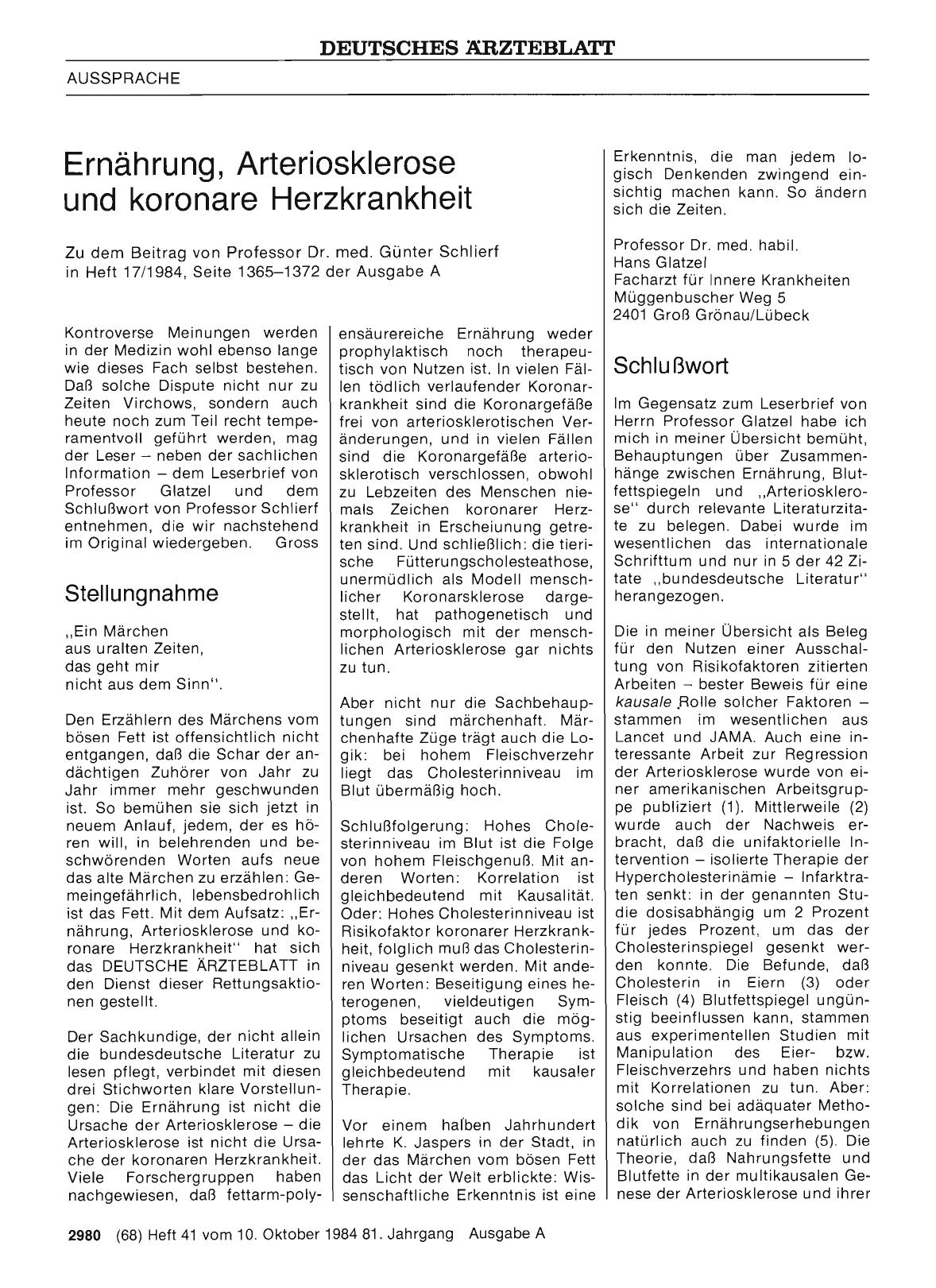 Vorschauseite 1: Ernährung, Arteriosklerose und koronare Herzkrankheit: Schlußwort