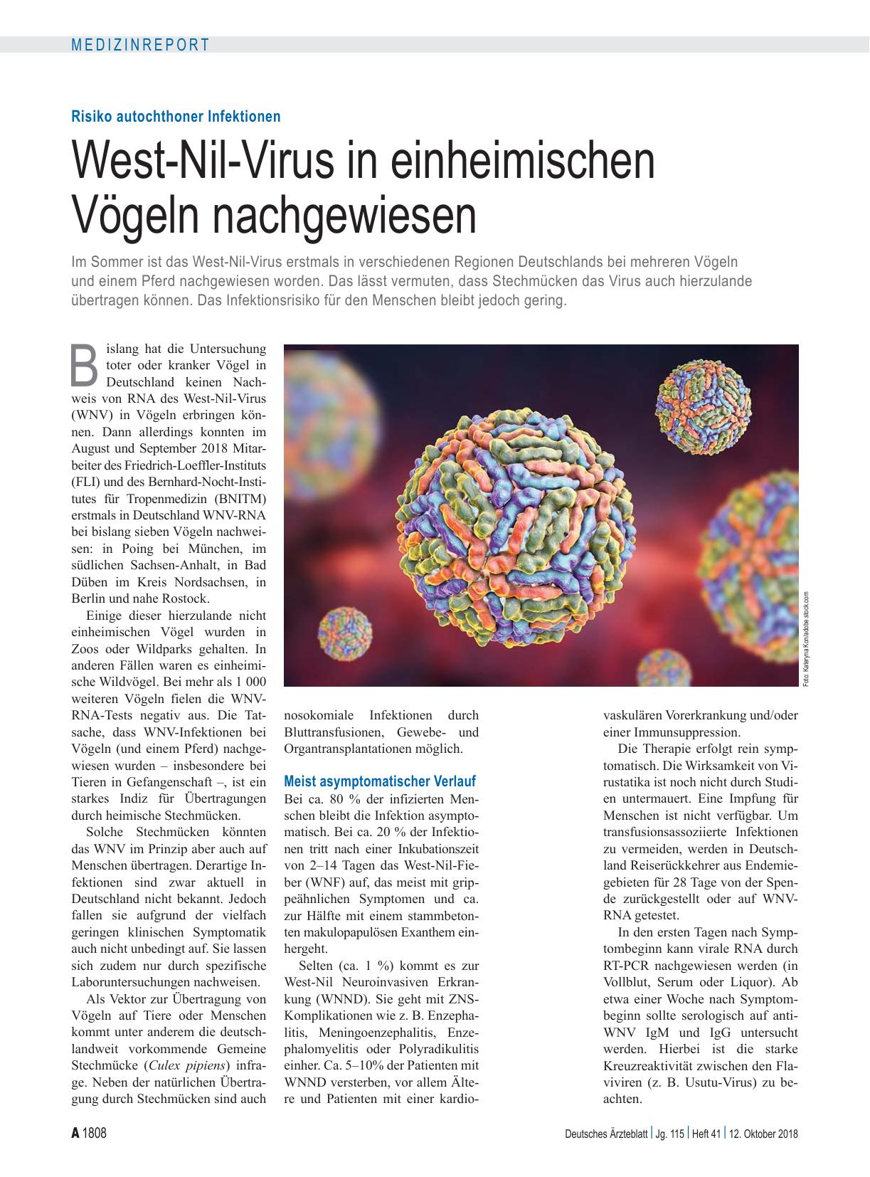Vorschauseite 1: Risiko autochthoner Infektionen: West-Nil-Virus in einheimischen Vögeln nachgewiesen