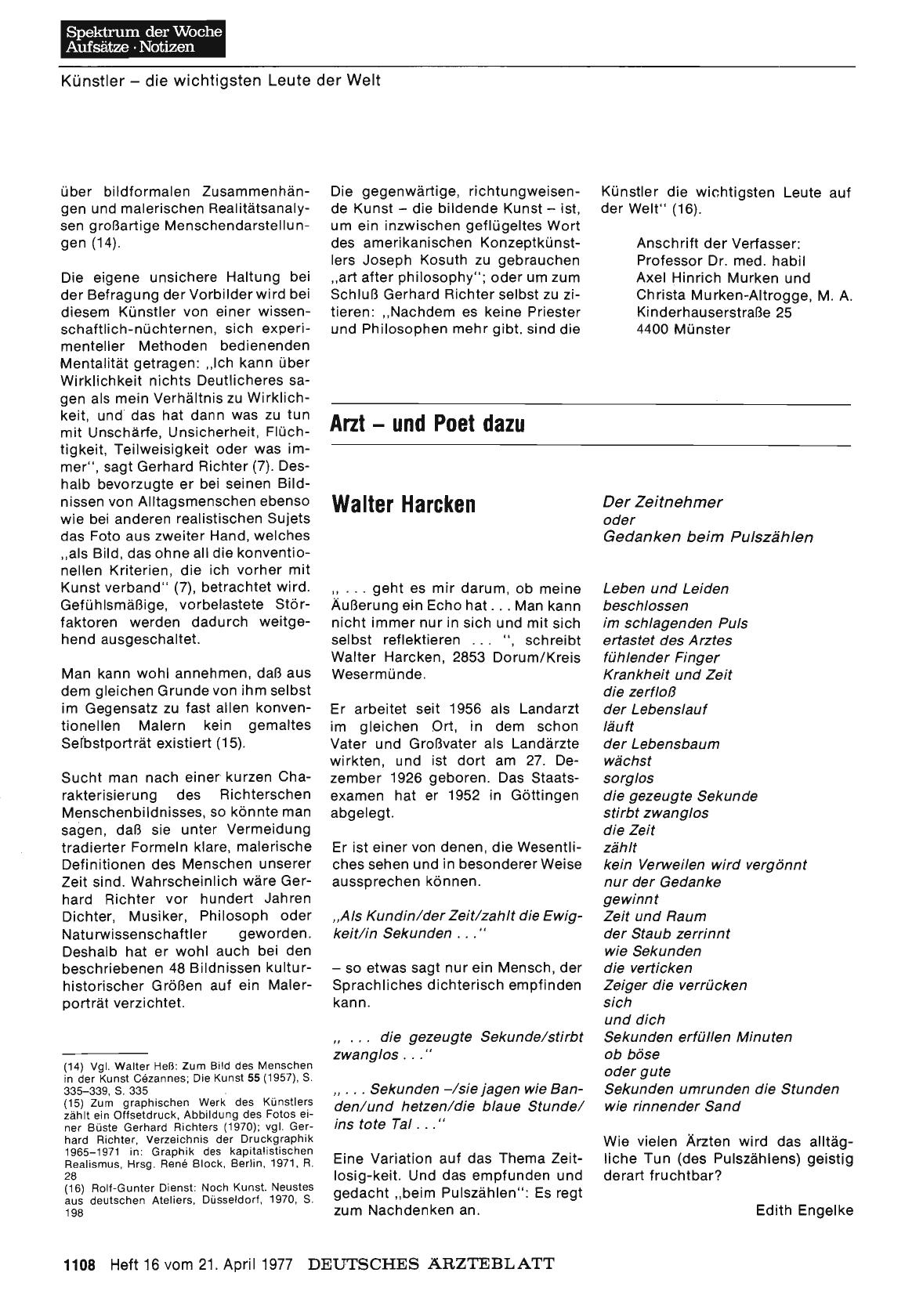 Vorschauseite 1: Arzt — und Poet dazu: Walter Harcken