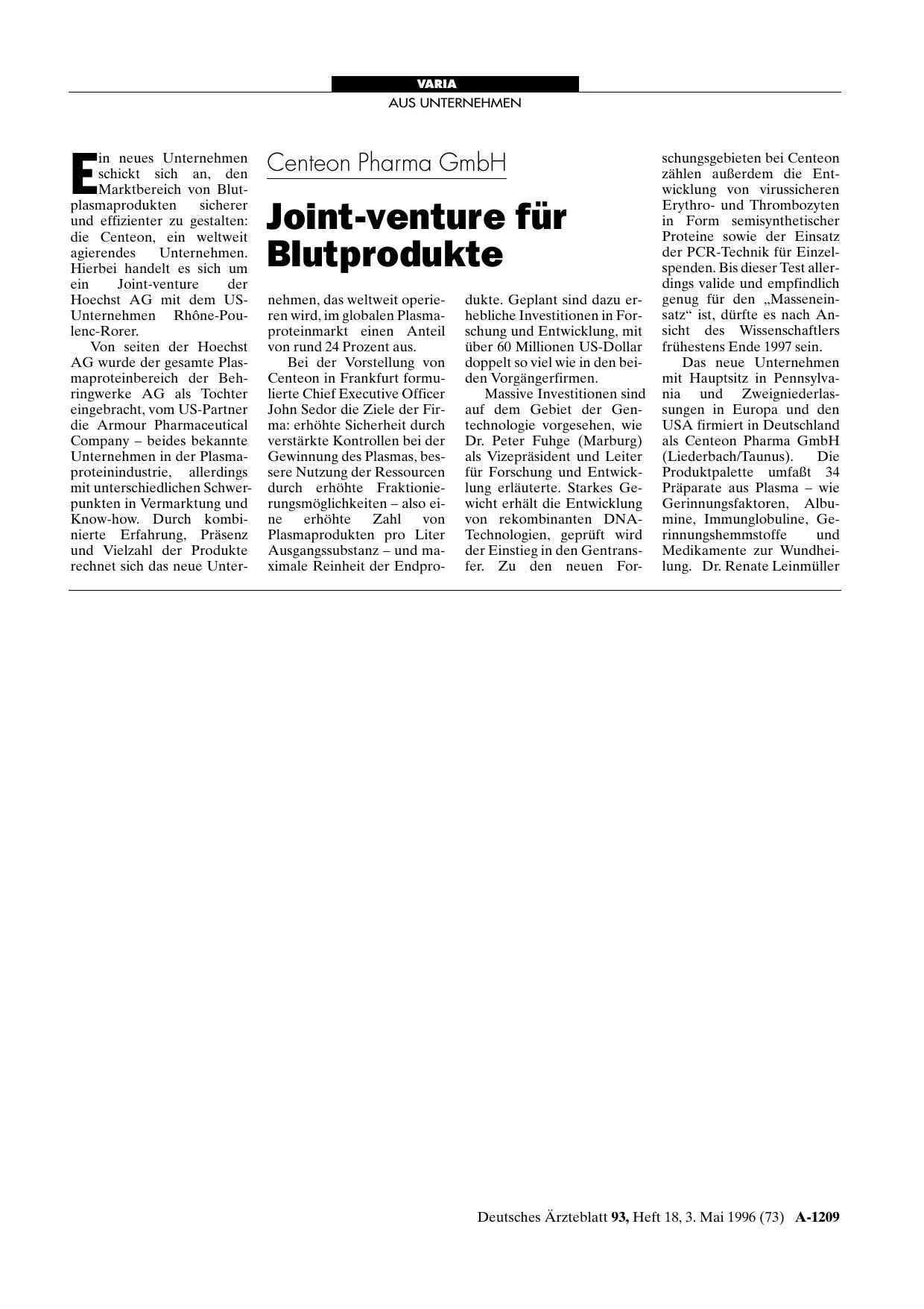 Vorschauseite 1: Centeon Pharma GmbH: Joint-venture für Blutprodukte