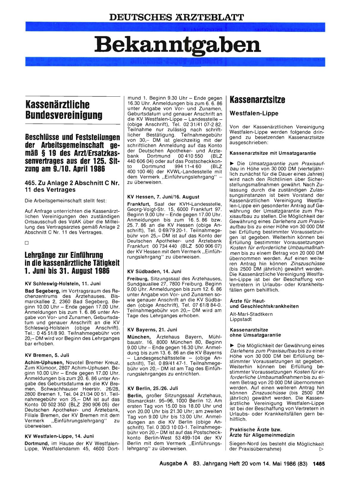 Vorschauseite 1: Lehrgänge zur Einführung in die kassenärztliche Tätigkeit 1. Juni bis 31. August 1986