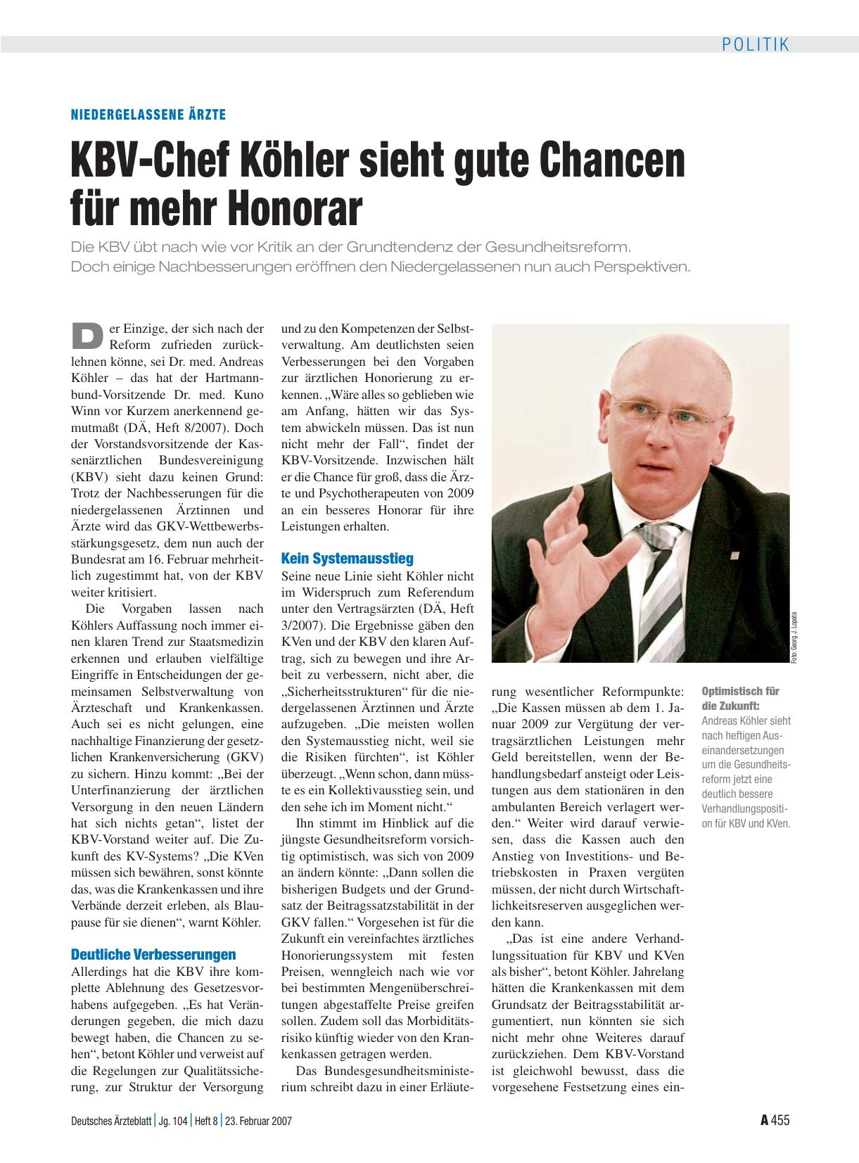 Vorschauseite 1: Niedergelassene Ärzte: KBV-Chef Köhler sieht gute Chancen für mehr Honorar