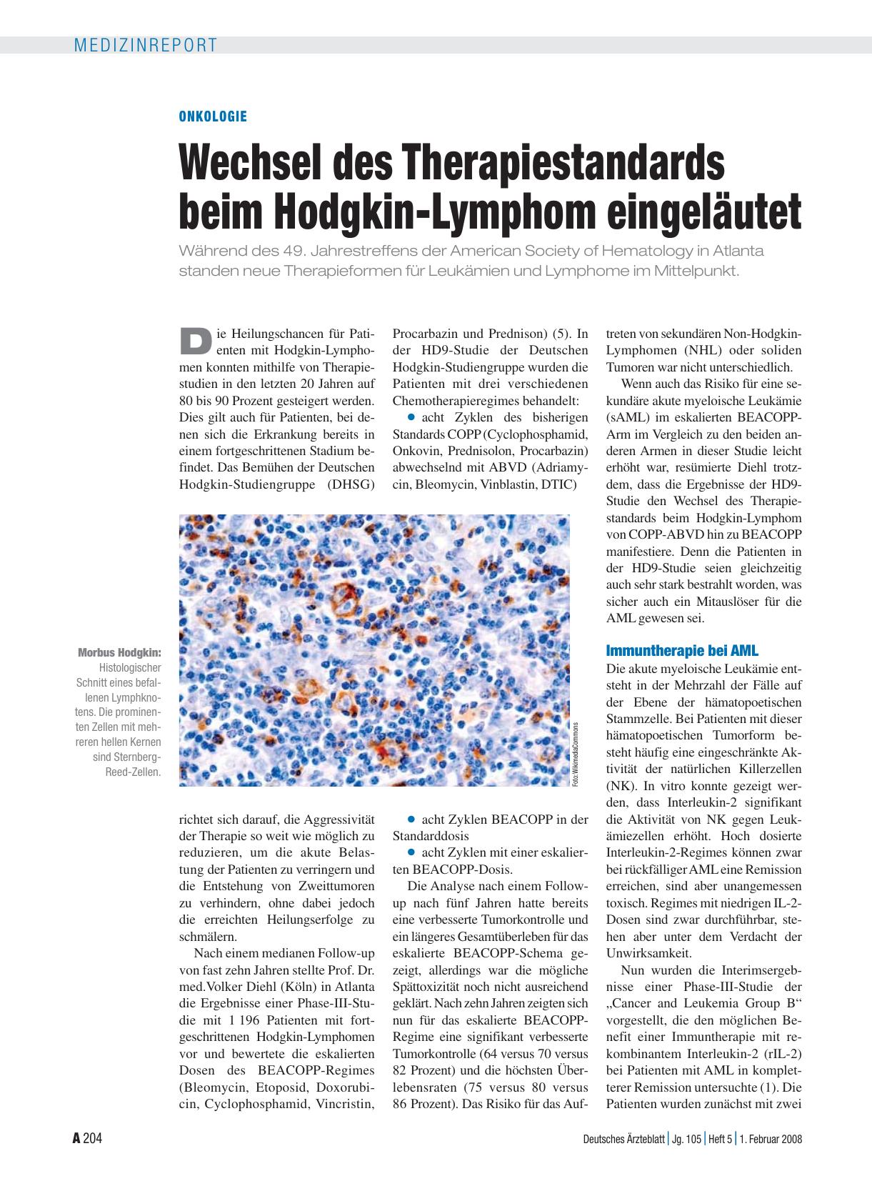 Vorschauseite 1: Onkologie: Wechsel des Therapiestandards beim Hodgkin-Lymphom eingeläutet