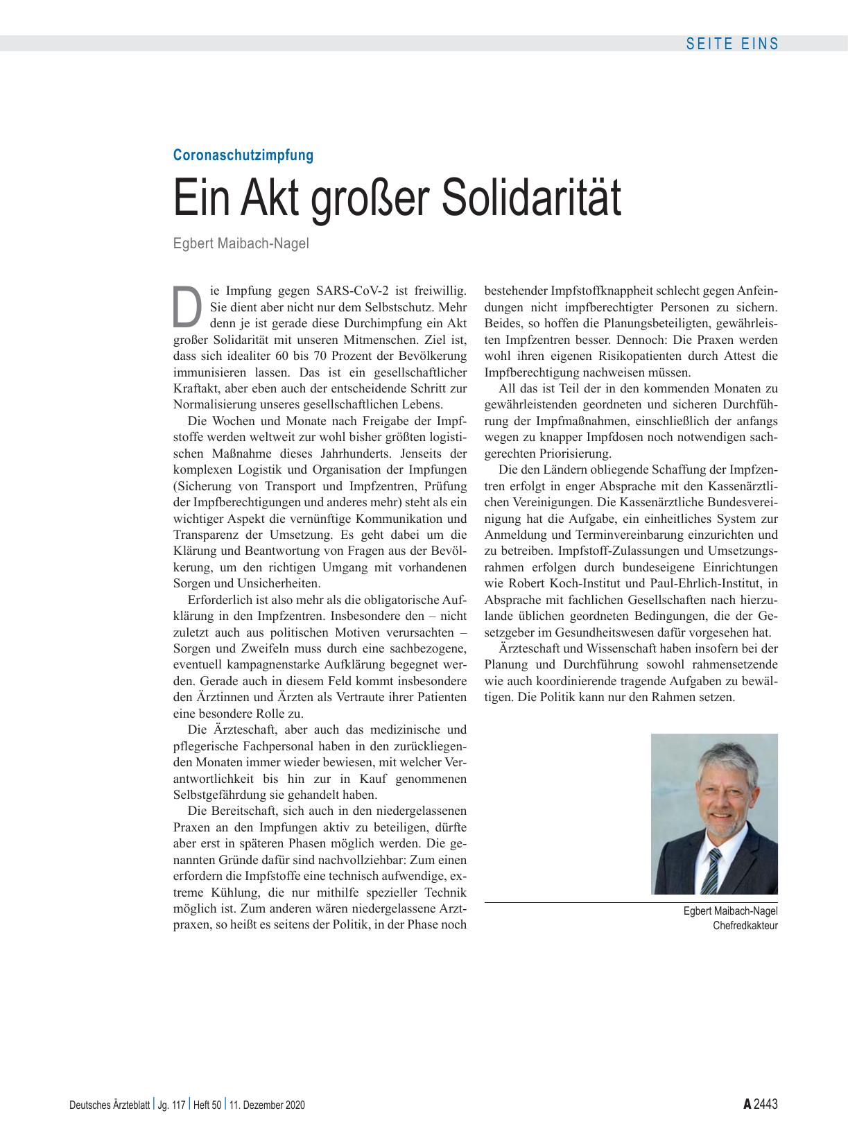 Vorschauseite 1: Coronaschutzimpfung: Ein Akt großer Solidarität