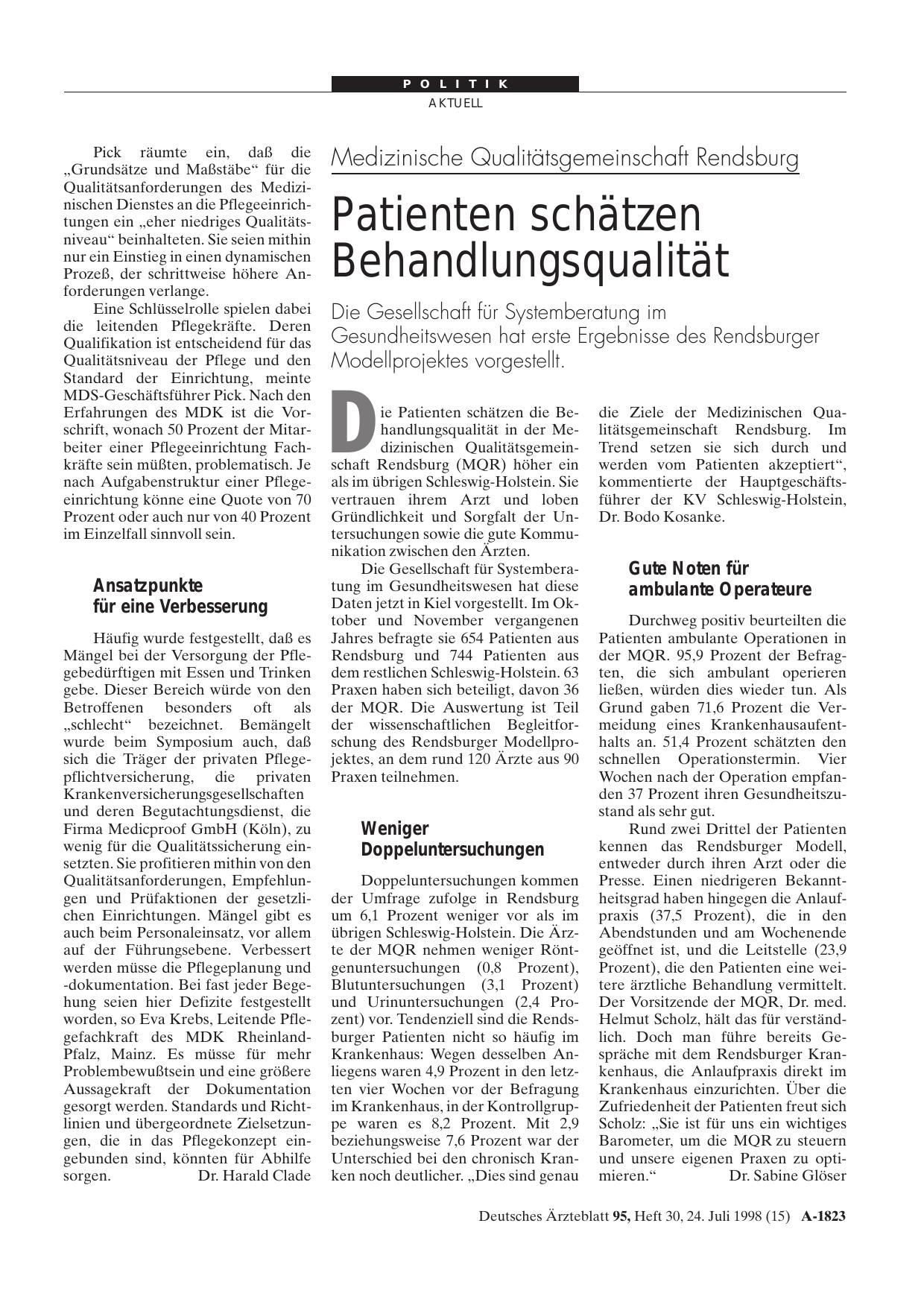 Vorschauseite 1: Medizinische Qualitätsgemeinschaft Rendsburg: Patienten schätzen Behandlungsqualität