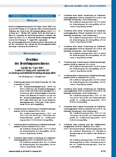 Vorschauseite 1: Beschluss des Bewertungsausschusses nach § 87 Abs. 1 Satz 1 SGB V in seiner 570. Sitzung am 15. September 2021 zur Änderung des Einheitlichen Bewertungsmaßstabes (EBM)