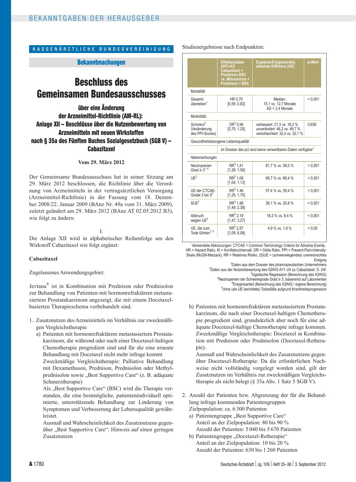 Vorschauseite 1: Beschluss des Gemeinsamen Bundesausschusses über eine Änderung der Arzneimittel-Richtlinie (AM-RL): Anlage XII – Beschlüsse über die Nutzenbewertung von Arzneimitteln mit neuen Wi…