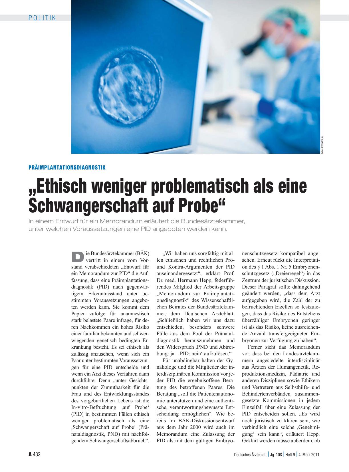 Vorschauseite 1: Präimplantationsdiagnostik: „Ethisch weniger problematisch als eine Schwangerschaft auf Probe“