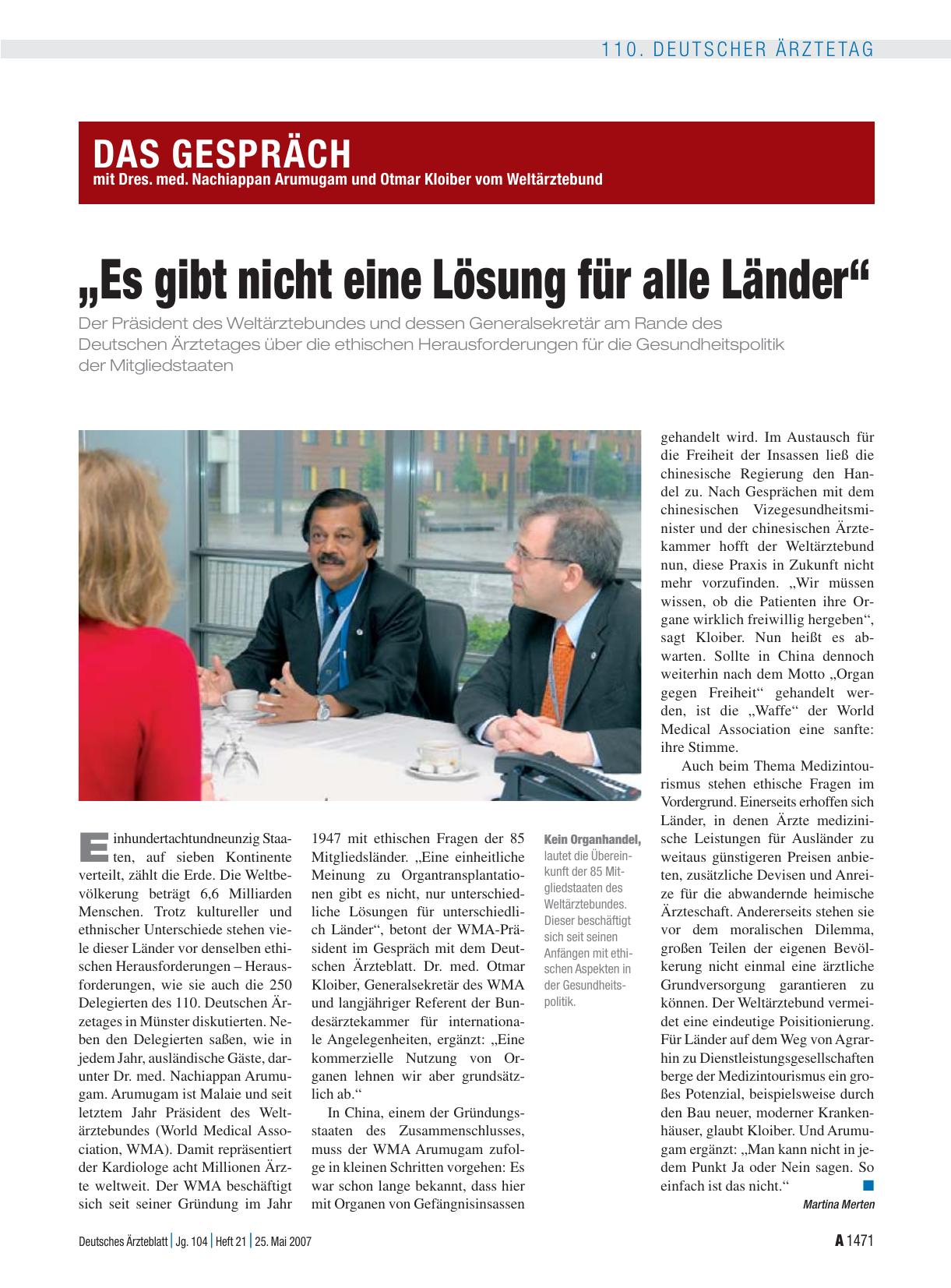 Vorschauseite 1: Das Gespräch mit Dres. med. Nachiappan Arumugam und Otmar Kloiber vom Weltärztebund: „Es gibt nicht eine Lösung für alle Länder“