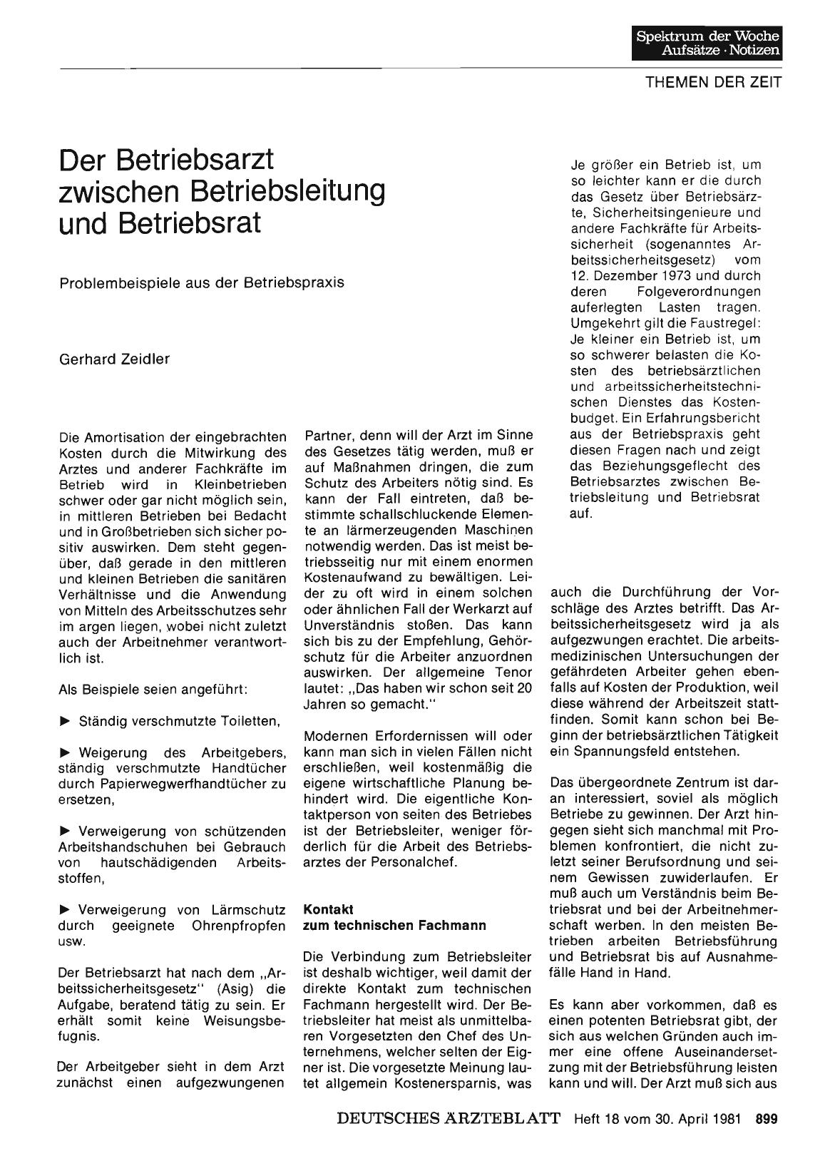 Vorschauseite 1: Der Betriebsarzt zwischen Betriebsleitung und Betriebsrat