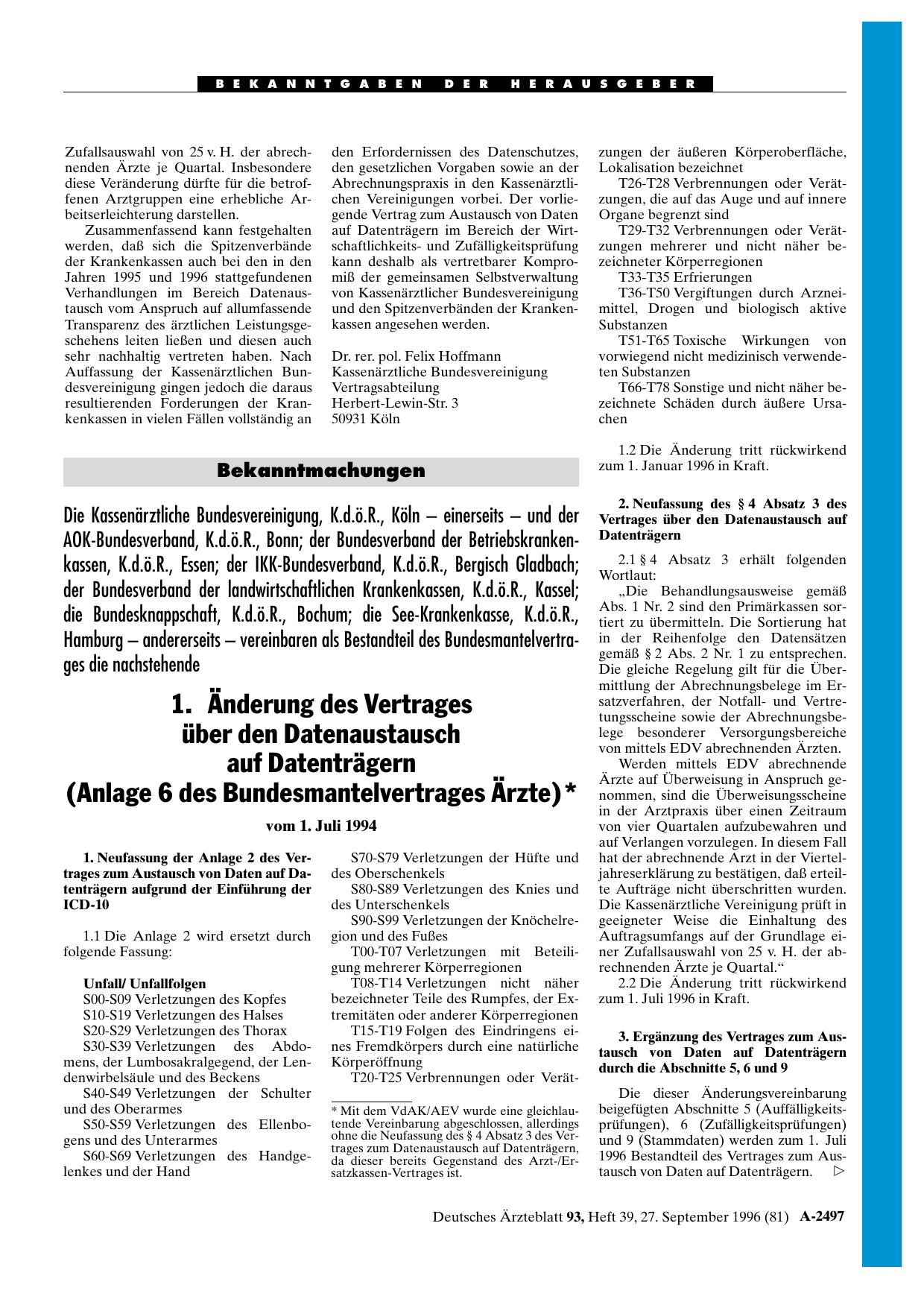 Vorschauseite 1: Bekanntmachungen: 1. Änderung des Vertrages über den Datenaustausch auf Datenträgern (Anlage 6 des Bundesmantelvertrages Ärzte)* vom 1. Juli 1994