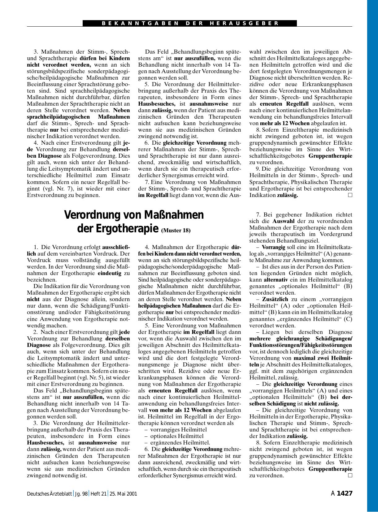 Vorschauseite 1: Verordnung von Maßnahmen der Ergotherapie (Muster 18)