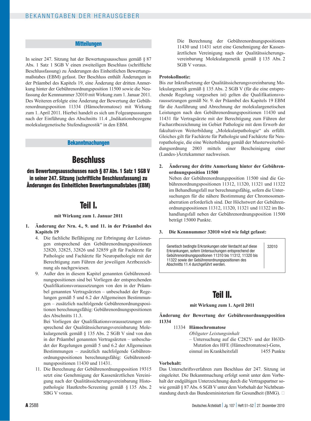 Vorschauseite 1: Beschluss des Bewertungsausschusses nach § 87 Abs. 1 Satz 1 SGB V in seiner 247. Sitzung (schriftliche Beschlussfassung) zu Änderungen des Einheitlichen Bewertungsmaßstabes (EBM)
