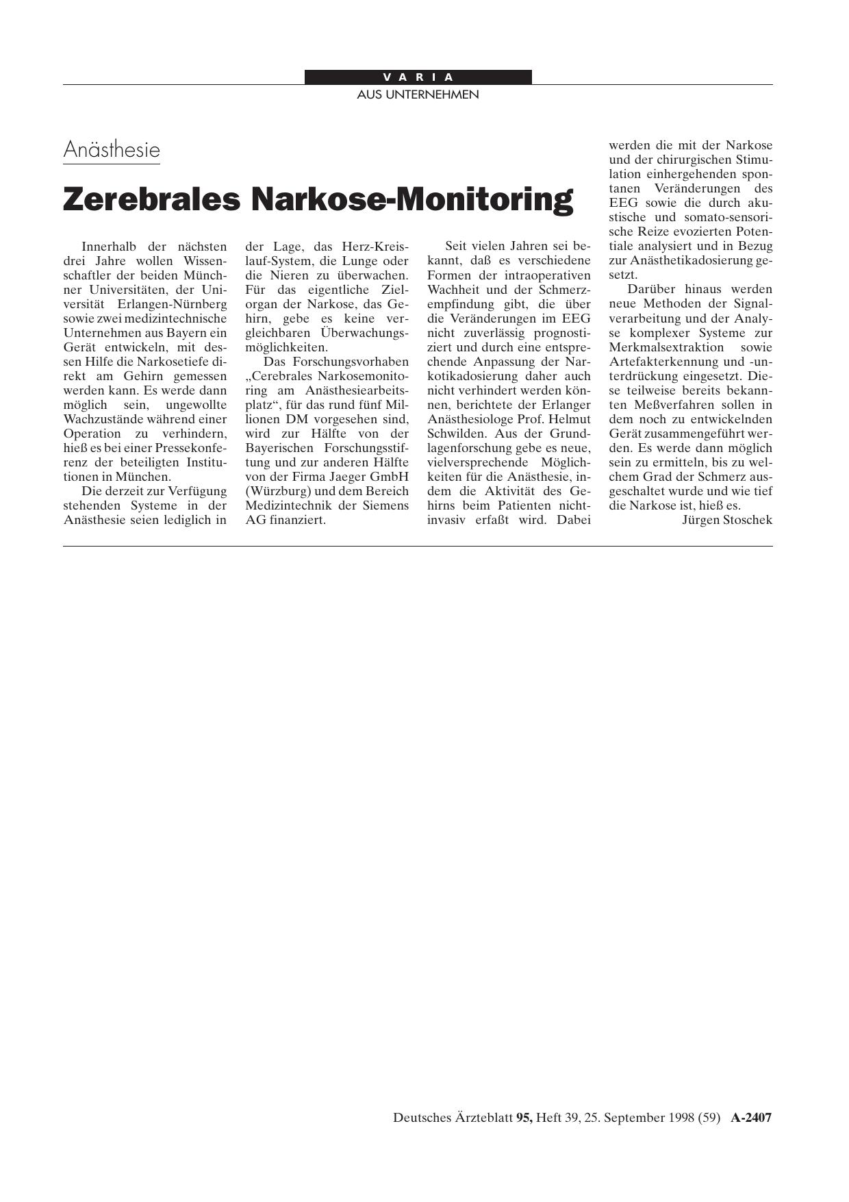 Vorschauseite 1: Anästhesie: Zerebrales Narkose-Monitoring