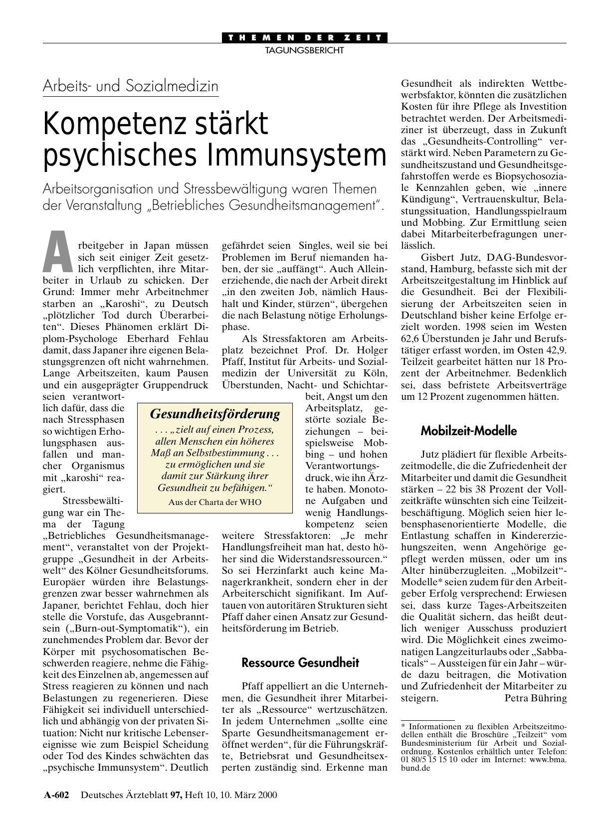 Vorschauseite 1: Arbeitsund Sozialmedizin: Kompetenz stärkt psychisches Immunsystem