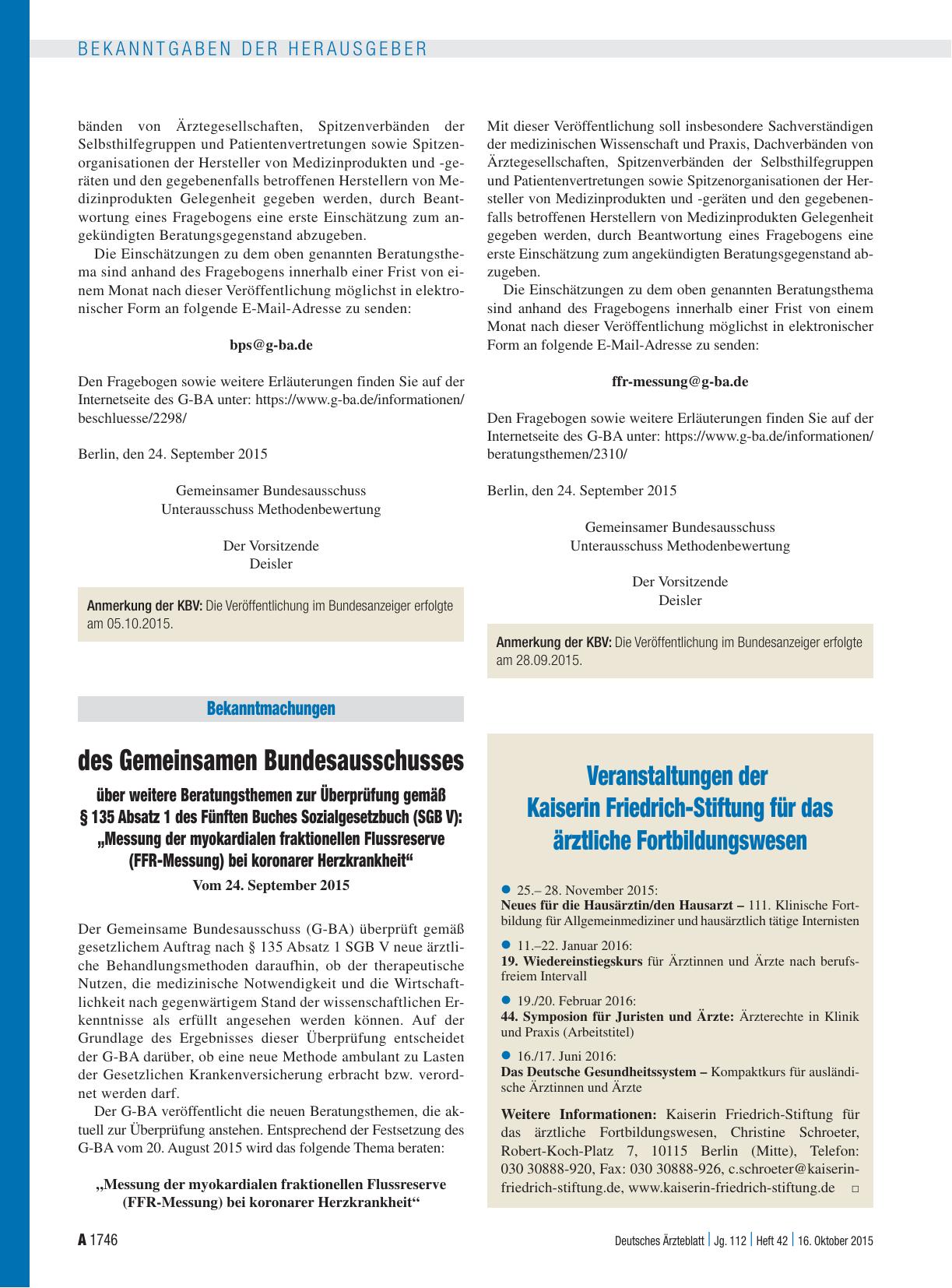 Vorschauseite 1: Bekanntmachungen des Gemeinsamen Bundesausschusses über weitere Beratungsthemen zur Überprüfung gemäß § 135 Absatz 1 des Fünften Buches Sozialgesetzbuch (SGB V): „Messung der myok…