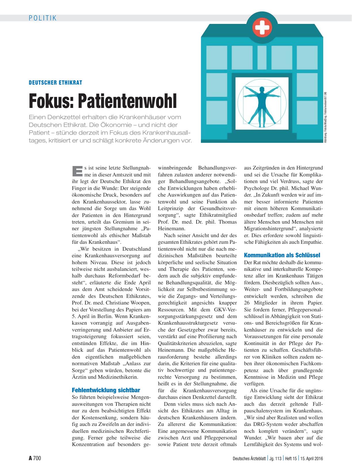 Vorschauseite 1: Deutscher Ethikrat: Fokus: Patientenwohl