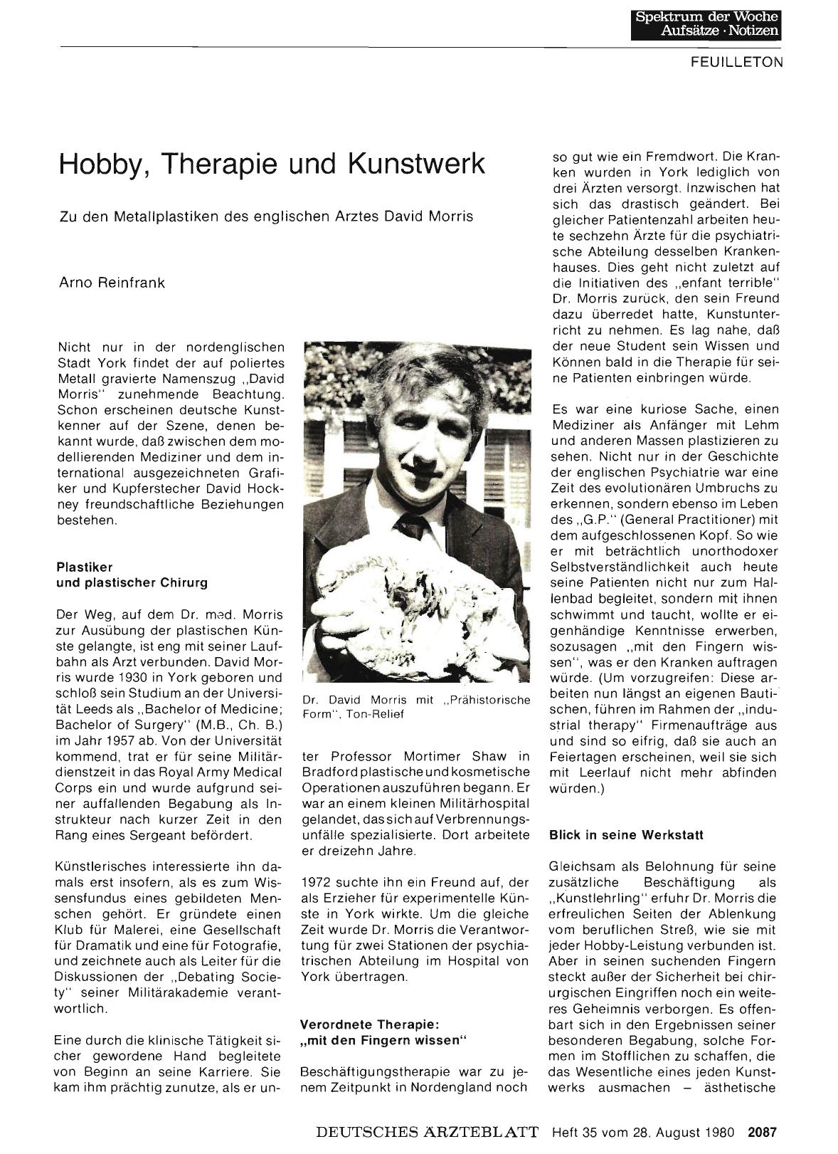 Vorschauseite 1: Hobby, Therapie und Kunstwerk: Zu den Metallplastiken des englischen Arztes David Morris