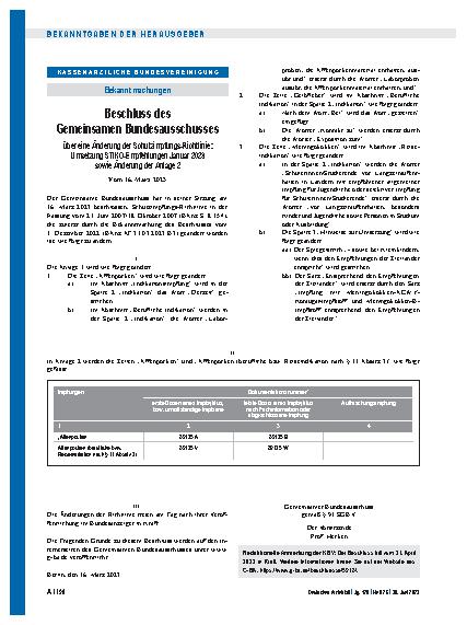 Vorschauseite 1: Beschluss des Gemeinsamen Bundesausschusses über eine Änderung der Schutzimpfungs-Richtlinie: Umsetzung STIKO-Empfehlungen Januar 2023 sowie Änderung der Anlage 2